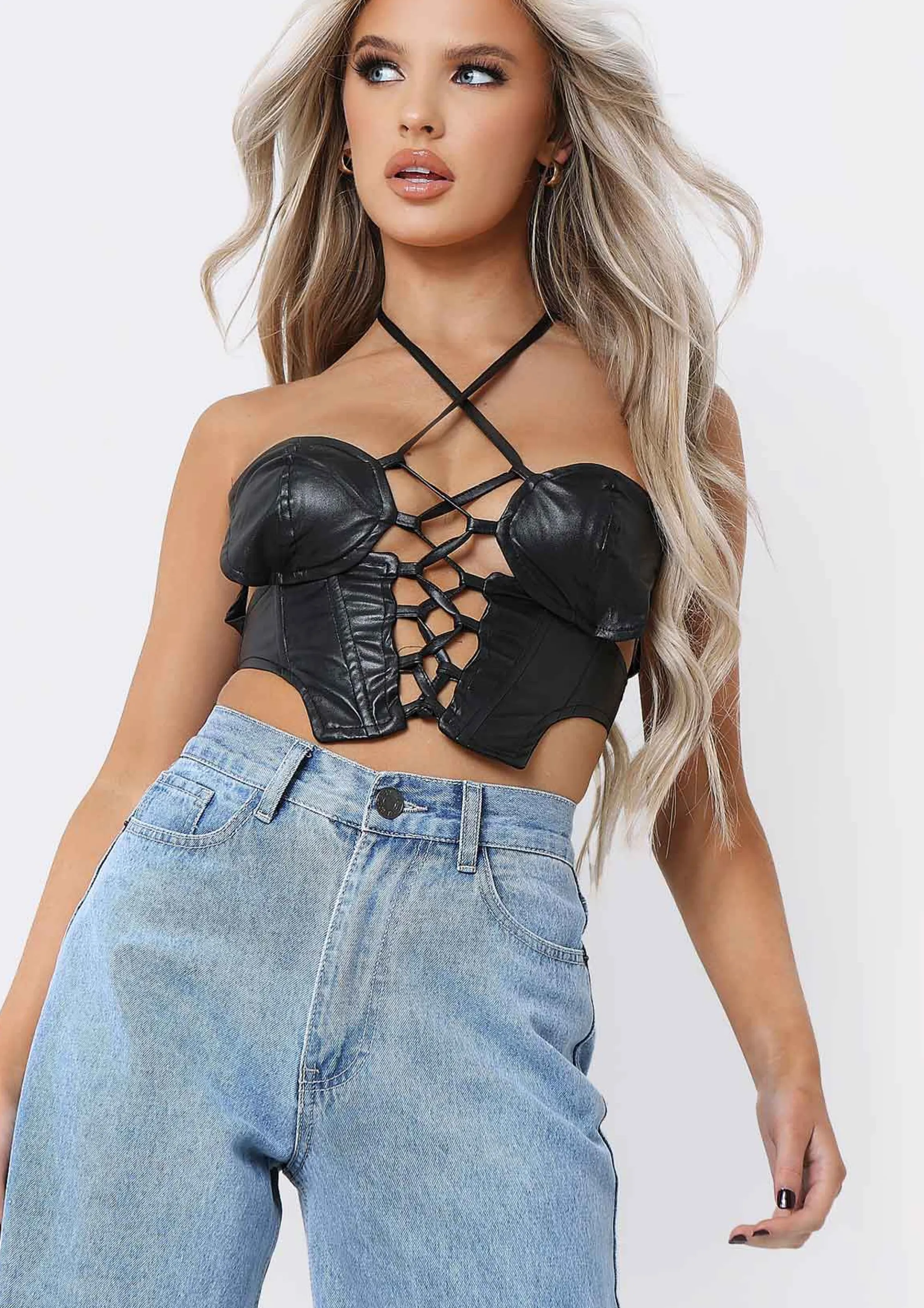 Missy Empire Essie Black Pu Lace Up Halterneck Corset Co-Ord Top Best