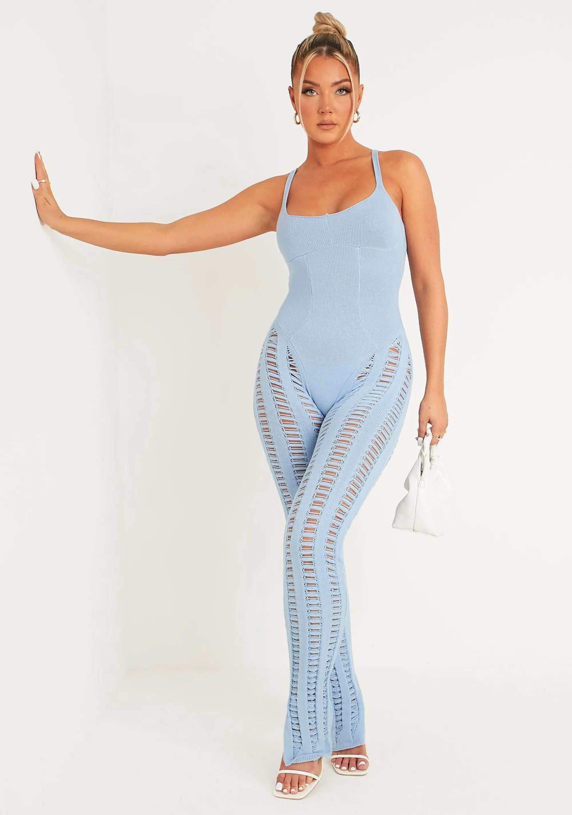 Missy Empire Eva Pastel Blue Laddered Knitted Seam Jumpsuit^Women Jumpsuits & Playsuits