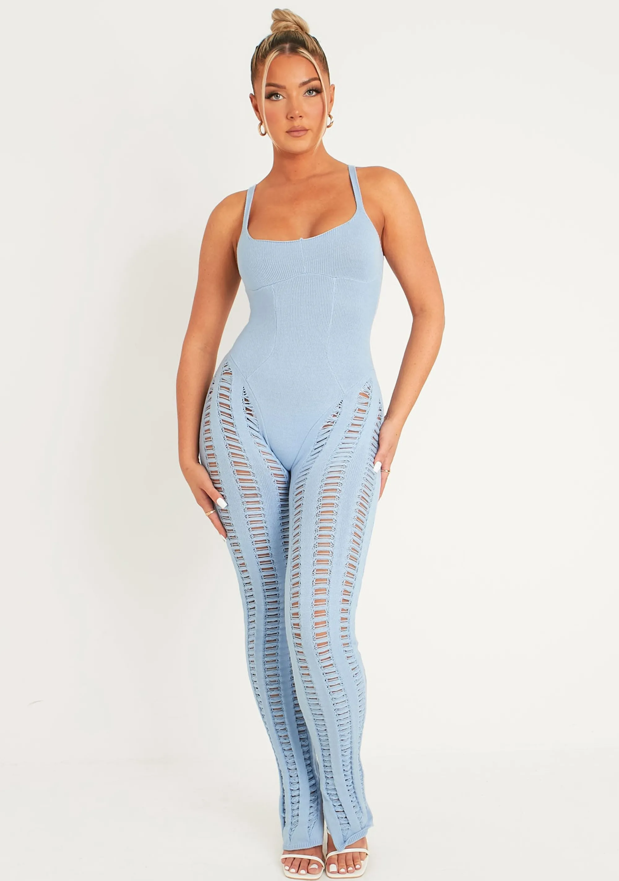 Missy Empire Eva Pastel Blue Laddered Knitted Seam Jumpsuit^Women Jumpsuits & Playsuits