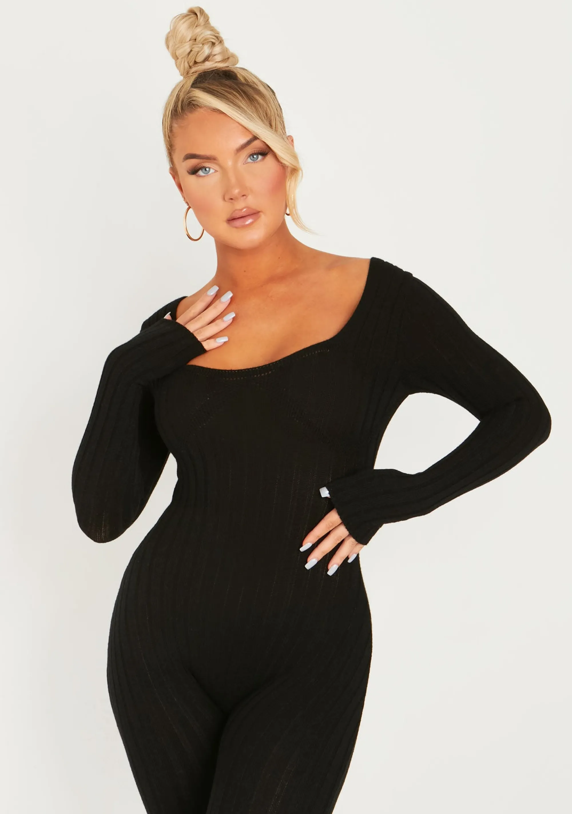 Missy Empire Evie Black Knitted Long Sleeve Ribbed Jumpsuit^Women Jumpsuits & Playsuits