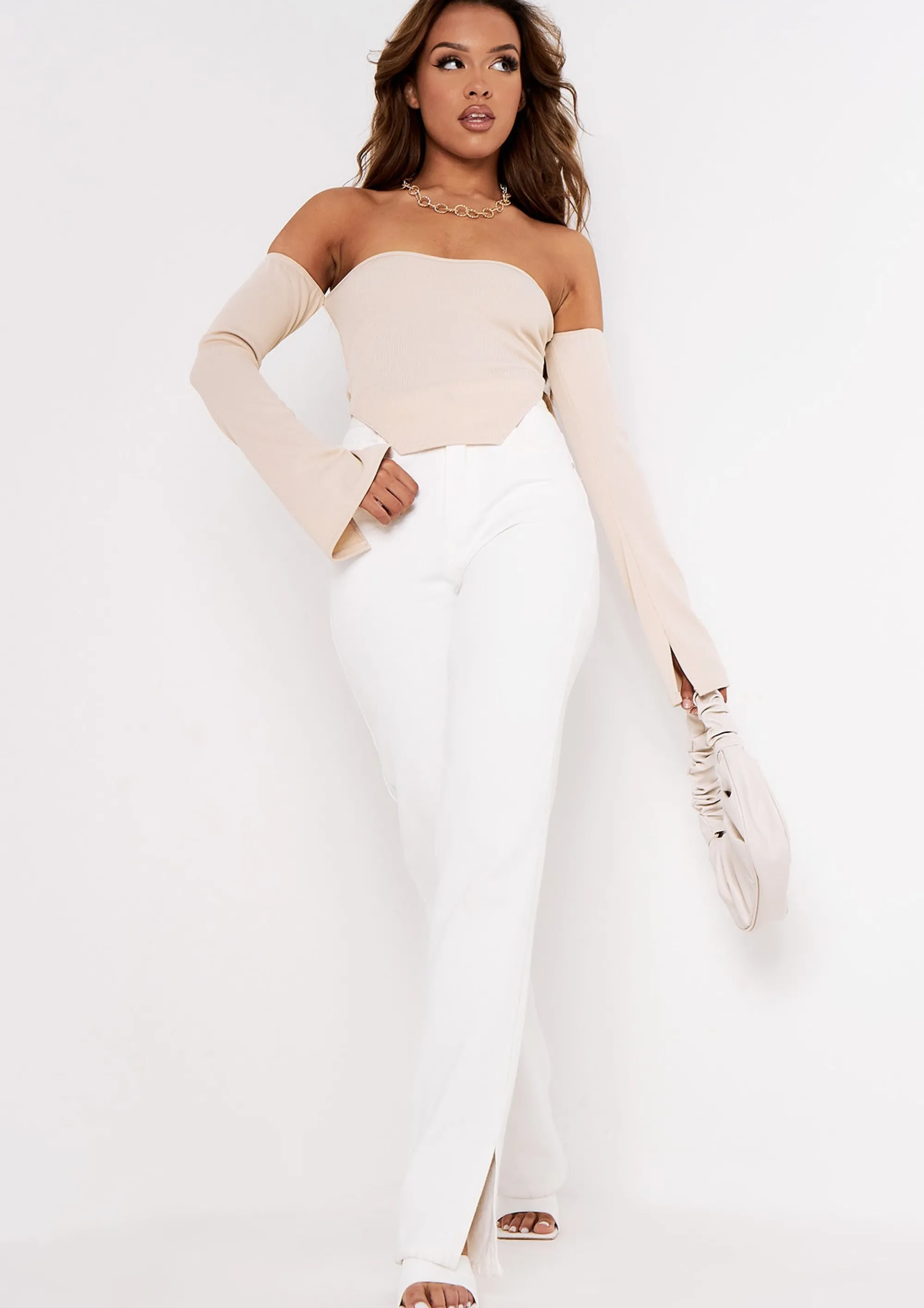 Missy Empire Finley Stone Bardot Thick Rib Corset Dipped Hem Crop Top Hot