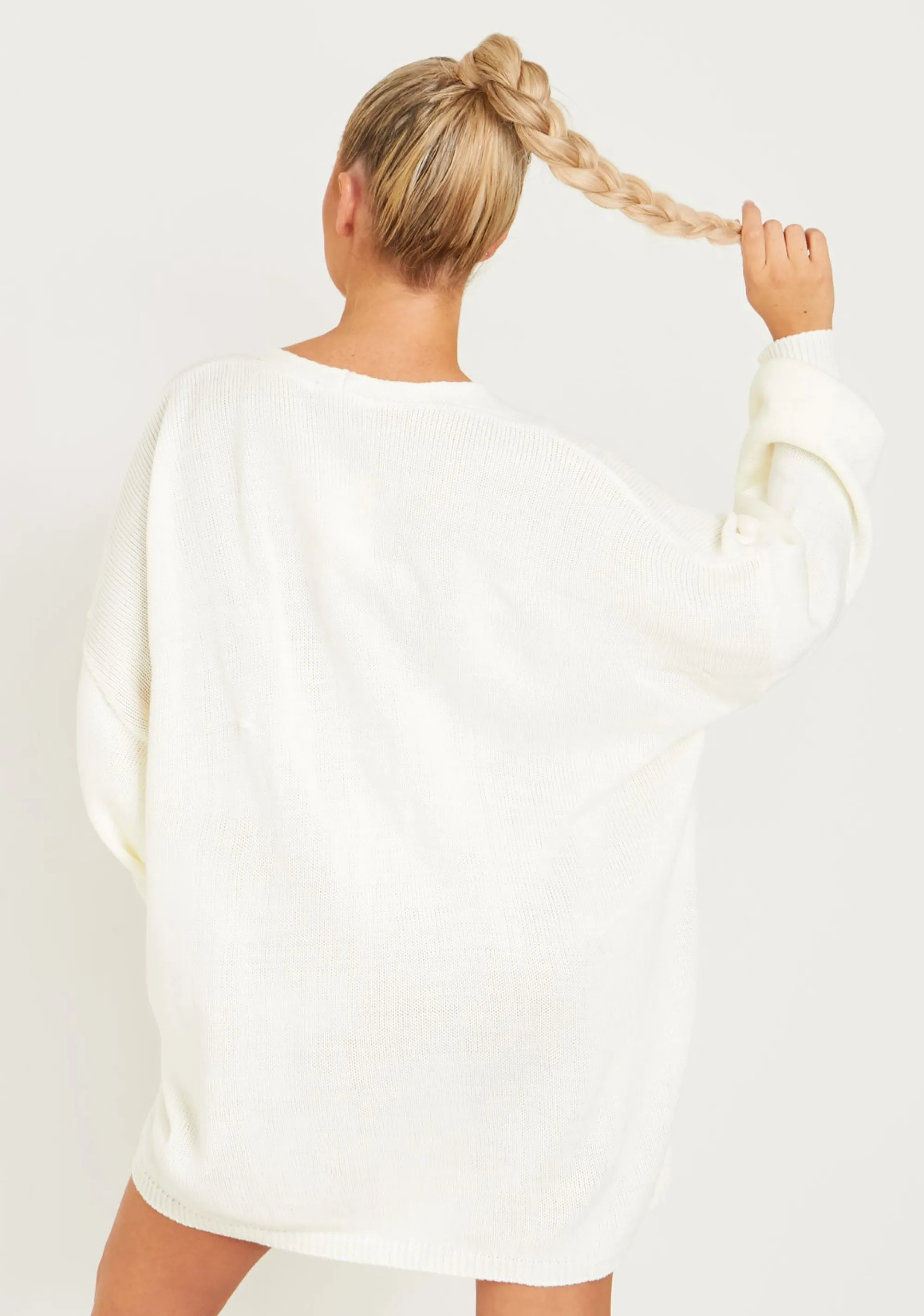 Missy Empire Freya Cream Knitted Oversized Button Through V-Neck Cardigan Dress^Women Loungewear