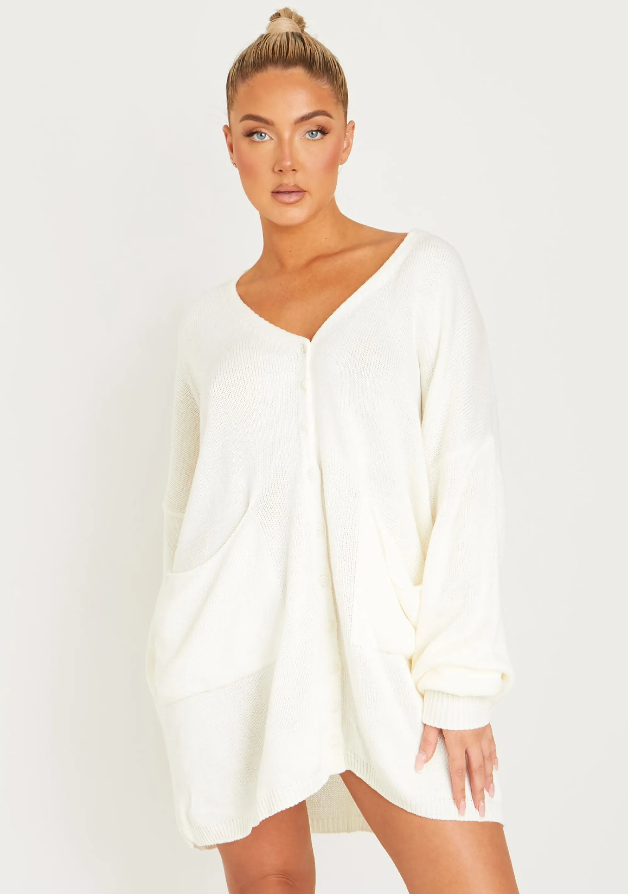 Missy Empire Freya Cream Knitted Oversized Button Through V-Neck Cardigan Dress^Women Loungewear
