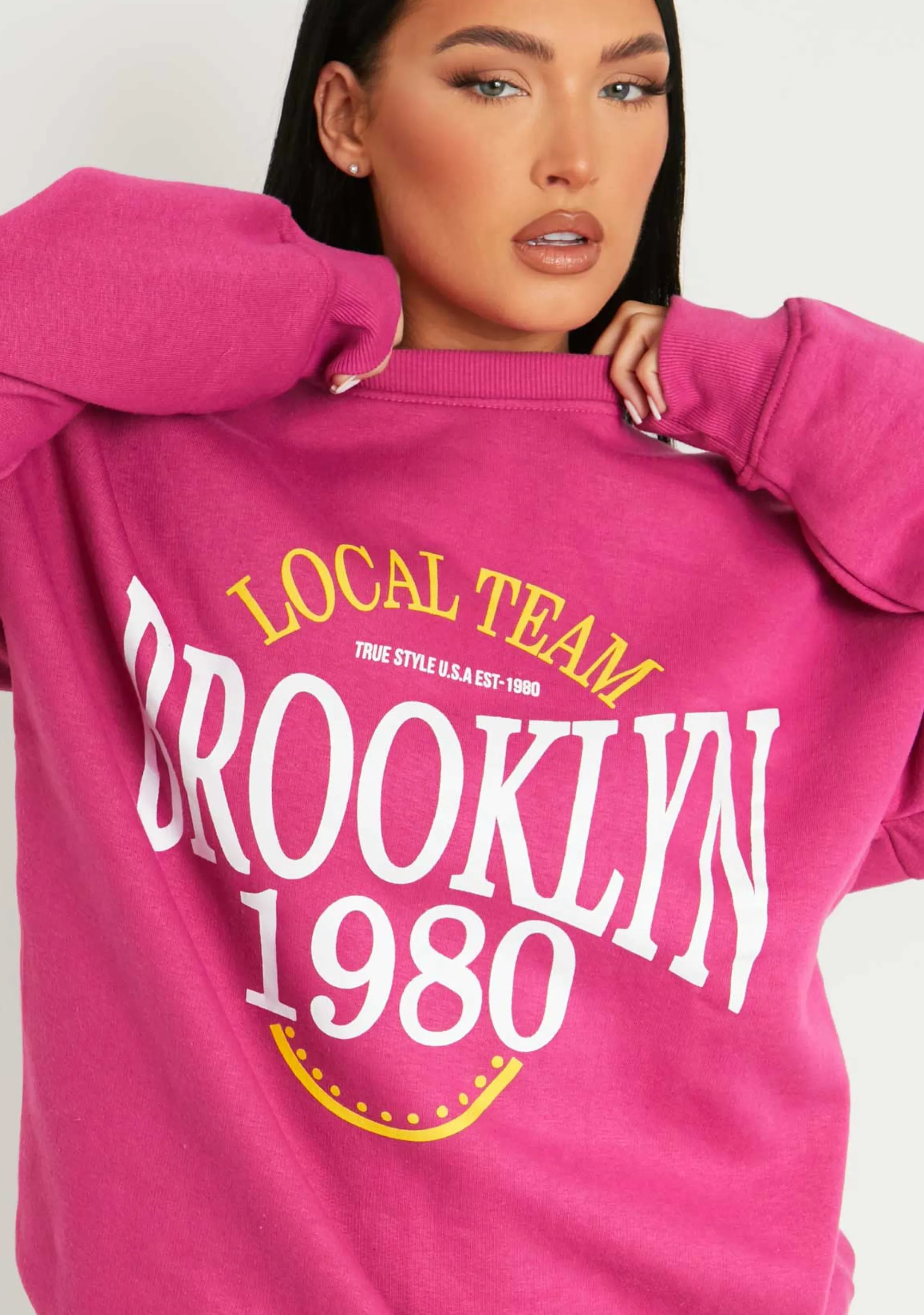 Missy Empire Genevieve Pink Brooklyn Graphic Sweatshirt Outlet