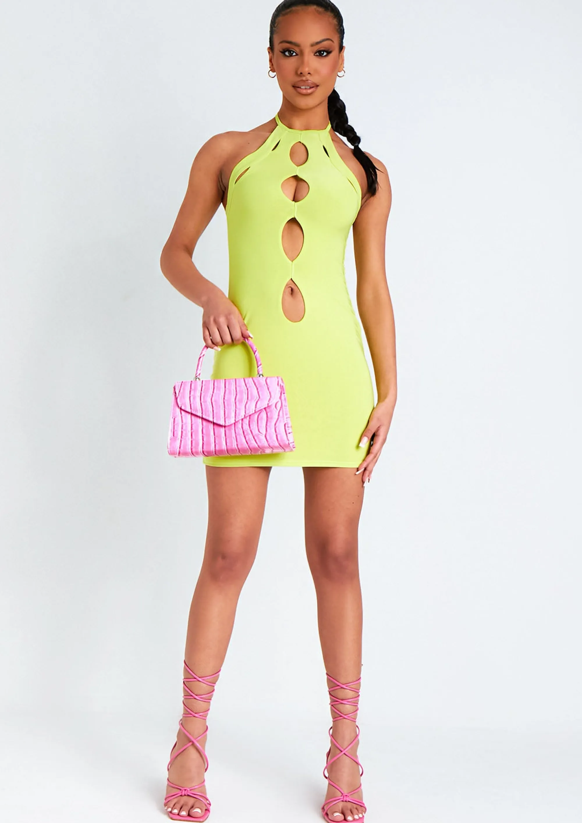Missy Empire Giselle Lime Cut Out Halter Neck Double Layered Mini Dress^Women Dresses
