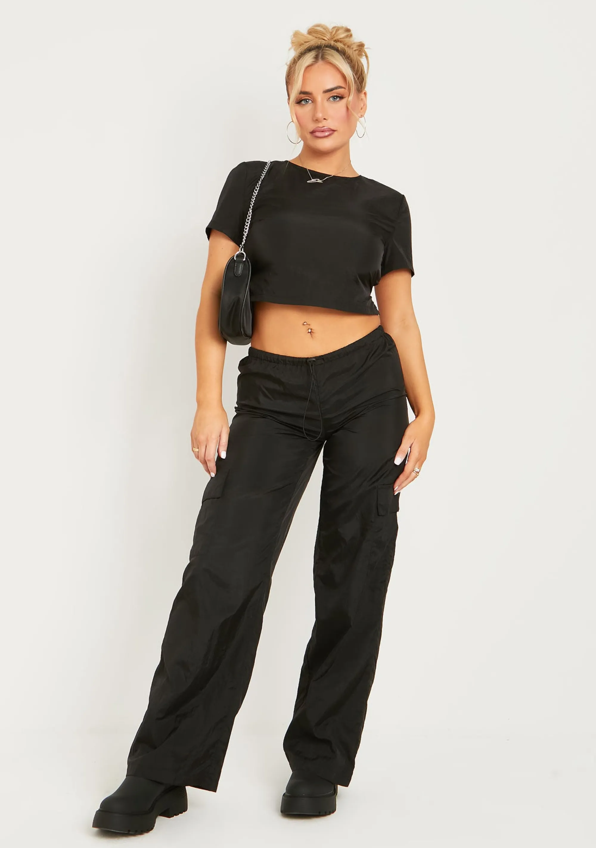 Missy Empire Grace Black Parachute Cargo Trousers^Women Trousers