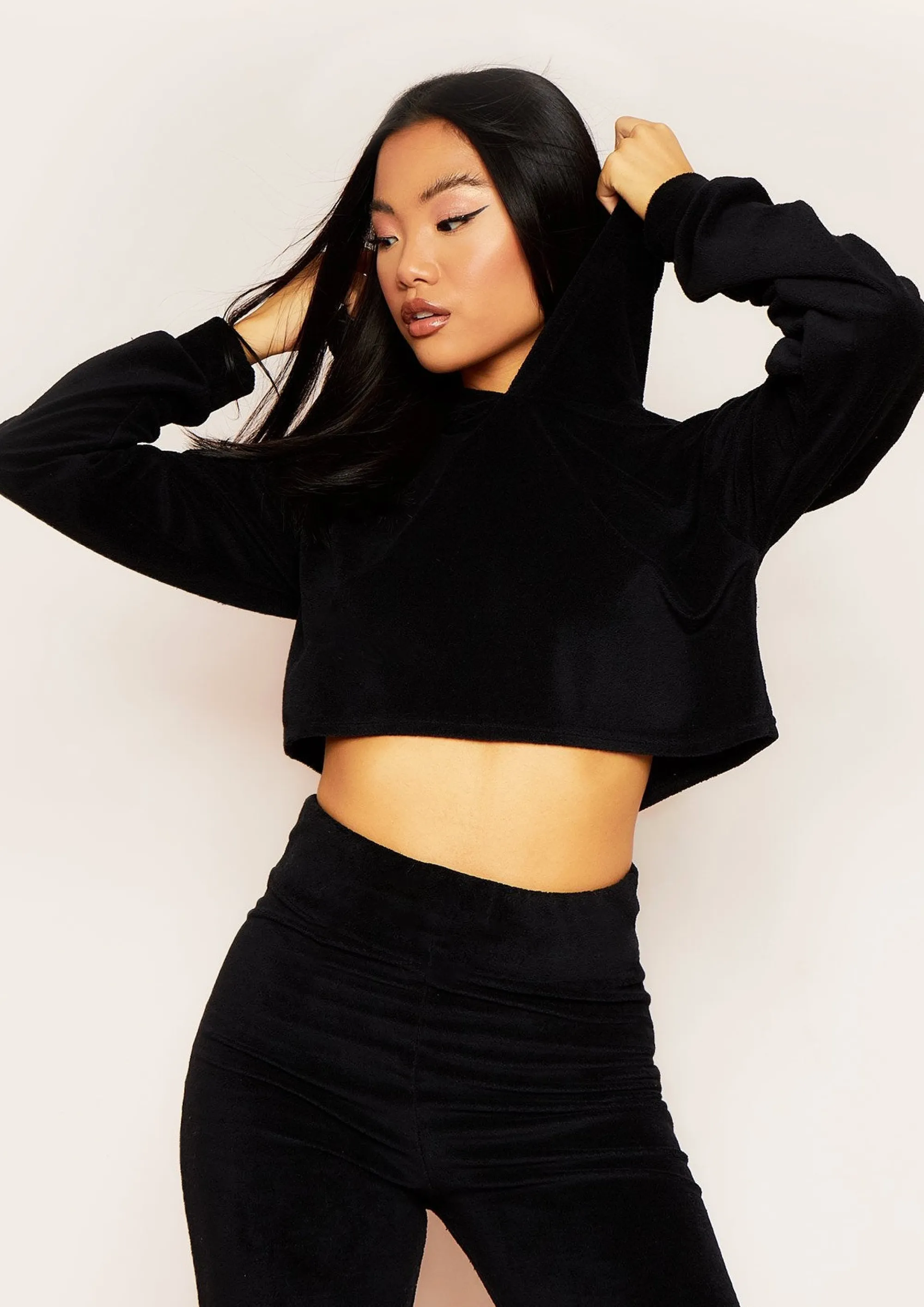 Missy Empire Grace Black Velour Cropped Hoodie^Women Tracksuits