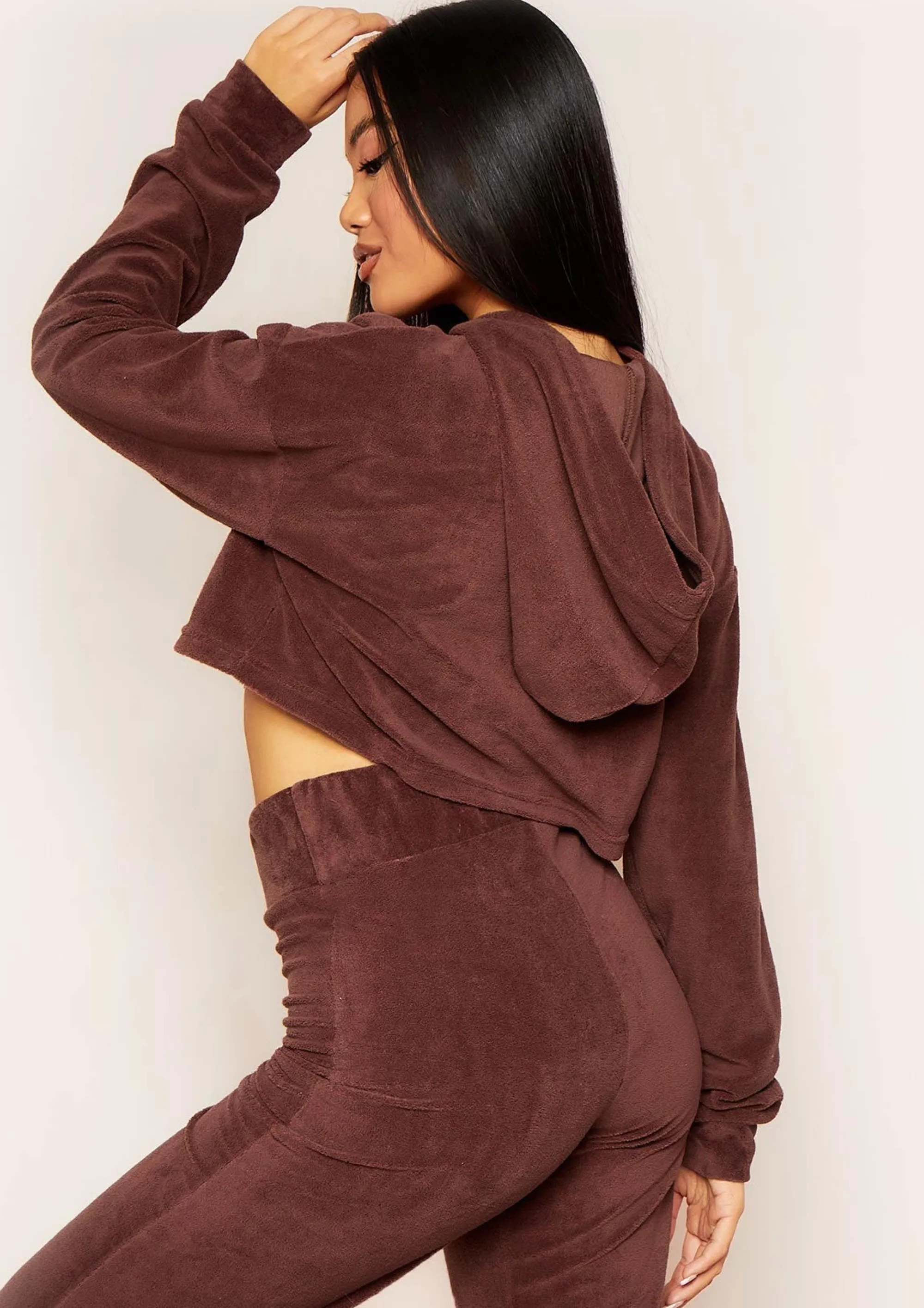 Missy Empire Grace Chocolate Velour Cropped Hoodie^Women Tracksuits