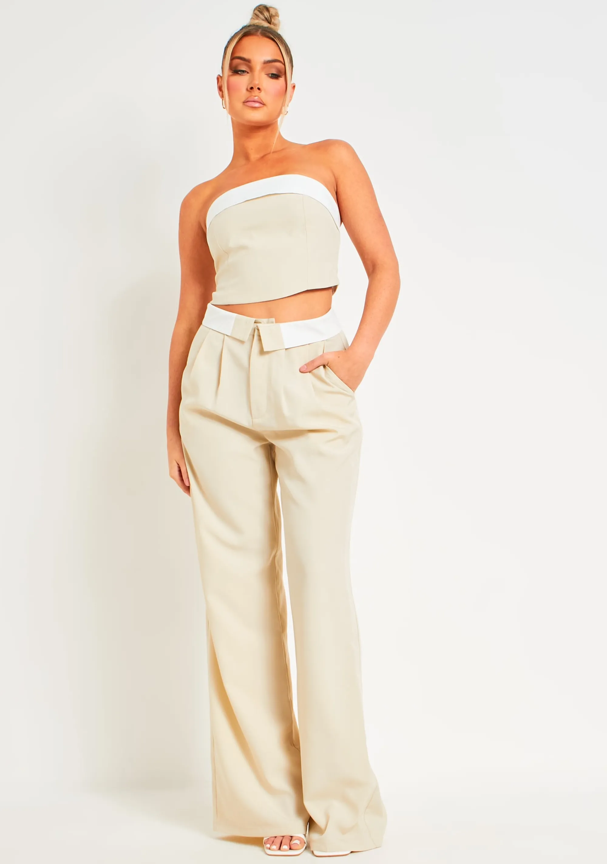 Missy Empire Gracie Beige Fold Over Waist Wide Leg Trousers^Women Trousers