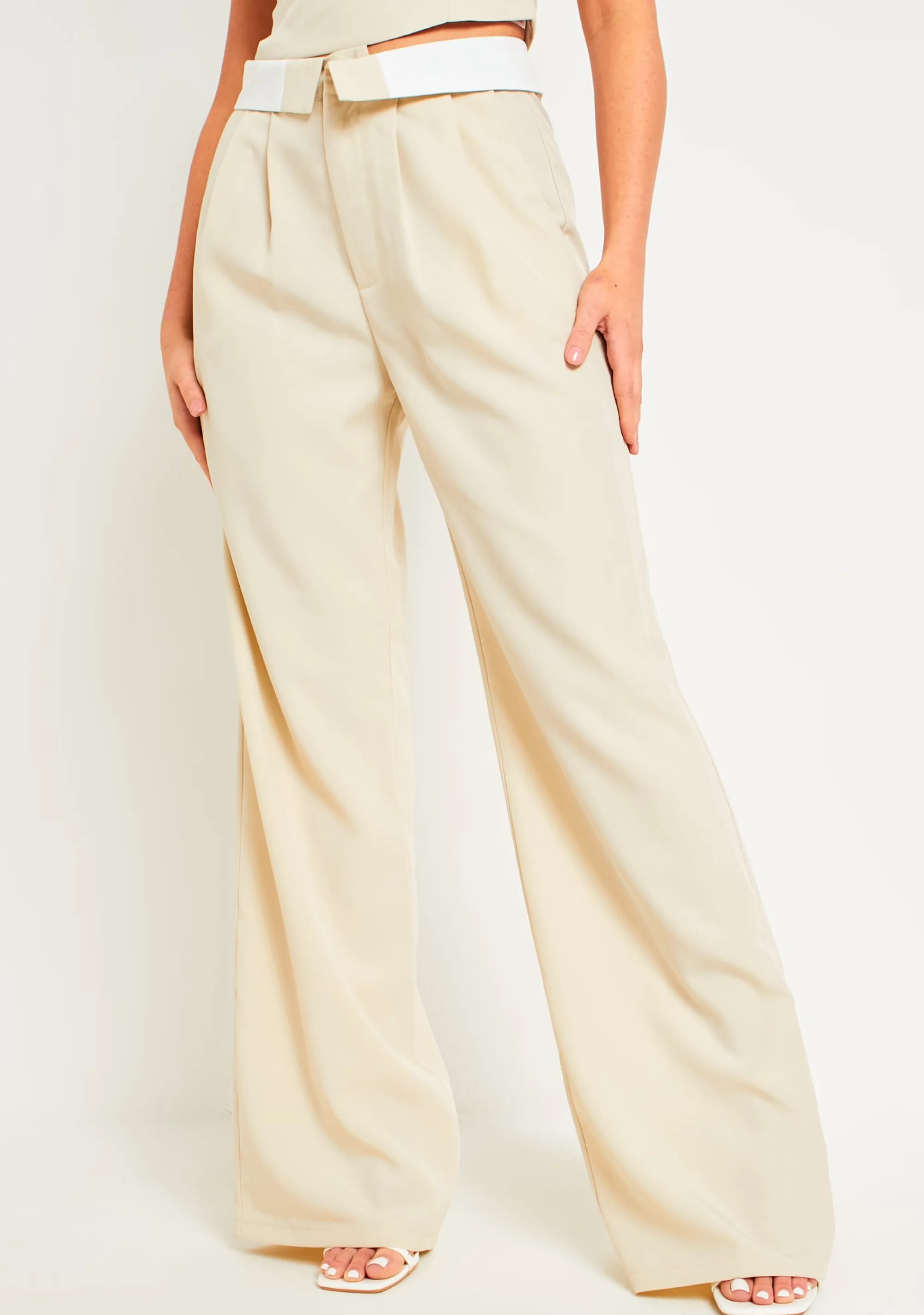 Missy Empire Gracie Beige Fold Over Waist Wide Leg Trousers^Women Trousers