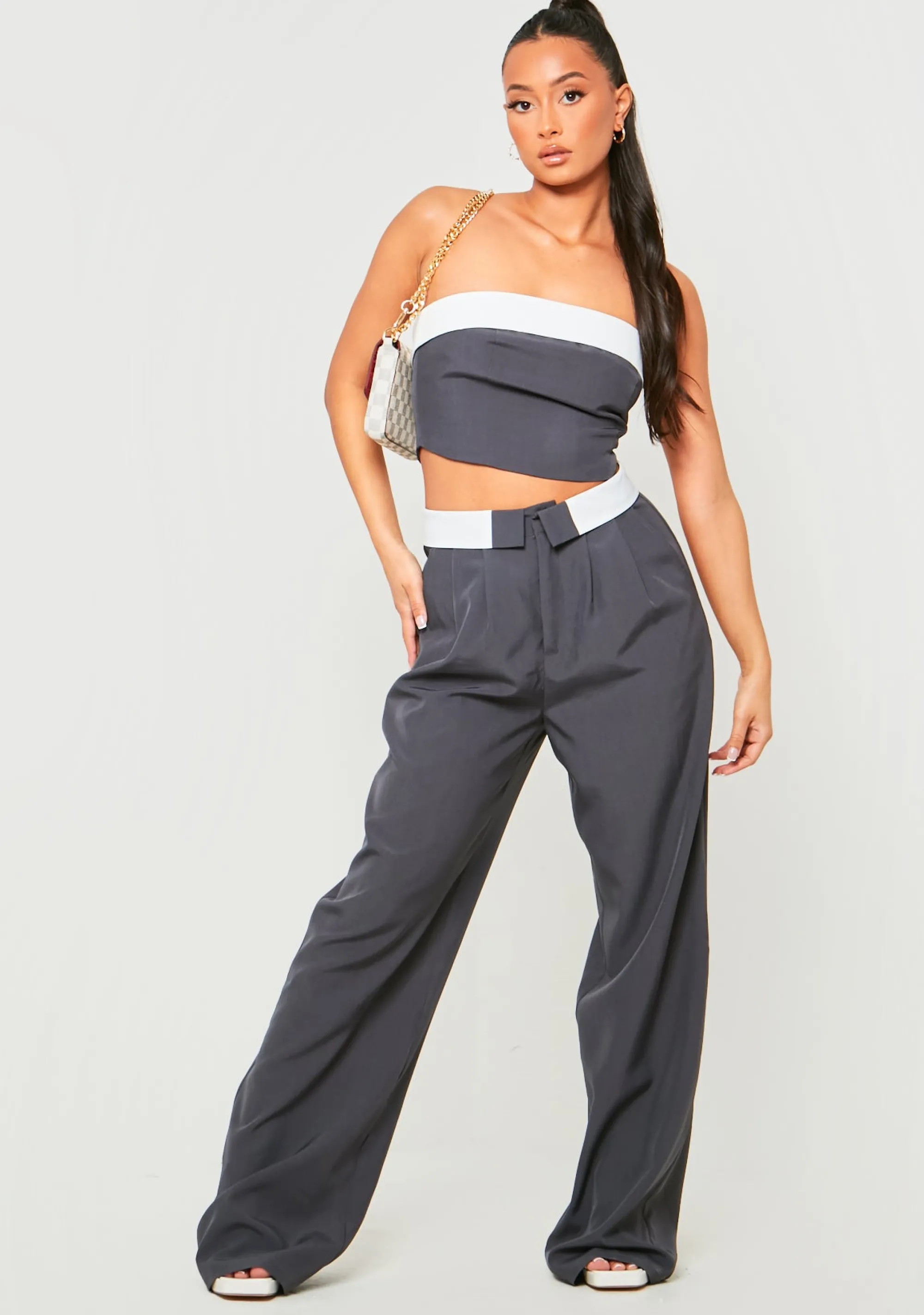 Missy Empire Gracie Charcoal Fold Over Waist Wide Leg Trousers^Women Trousers