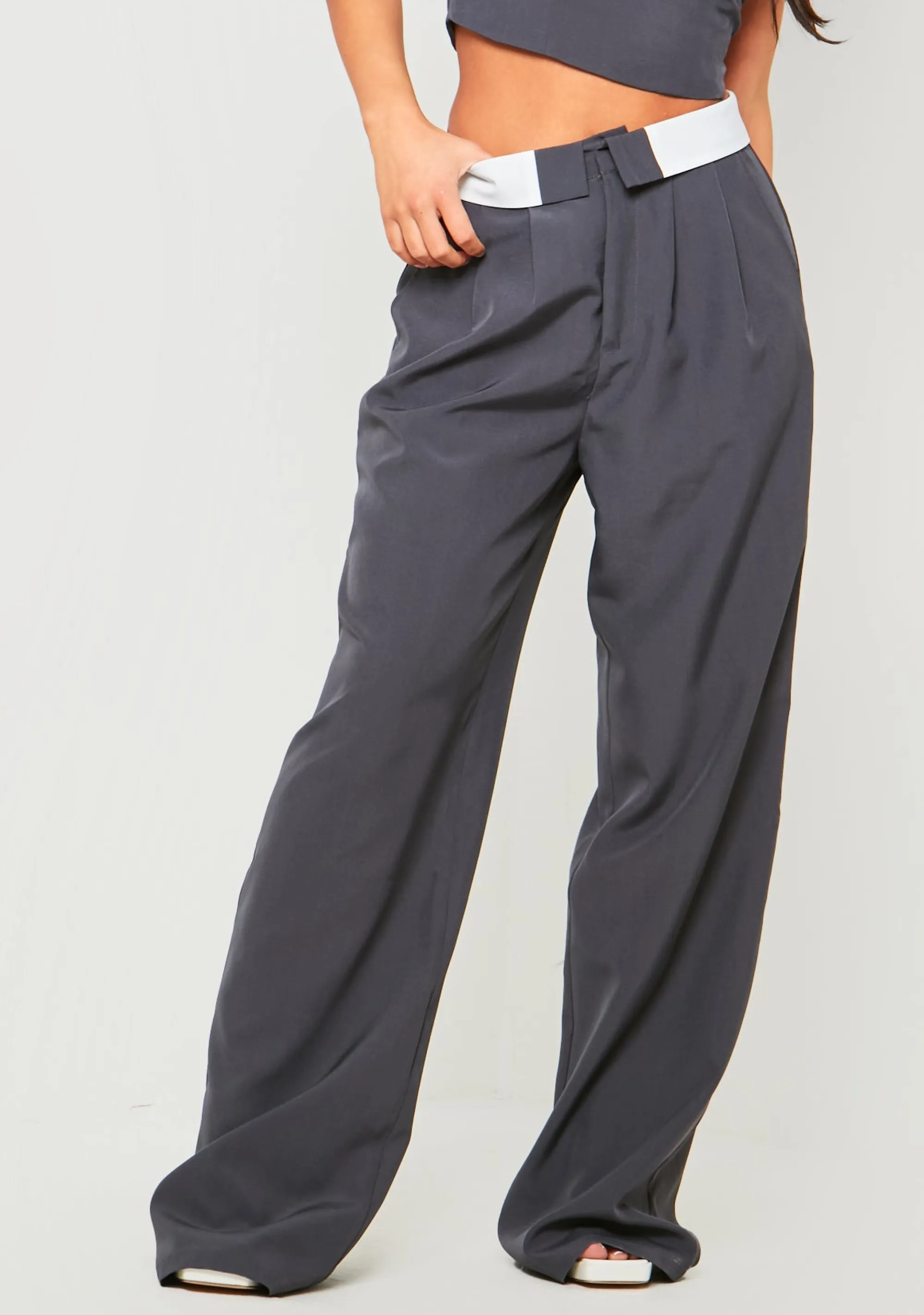 Missy Empire Gracie Charcoal Fold Over Waist Wide Leg Trousers^Women Trousers