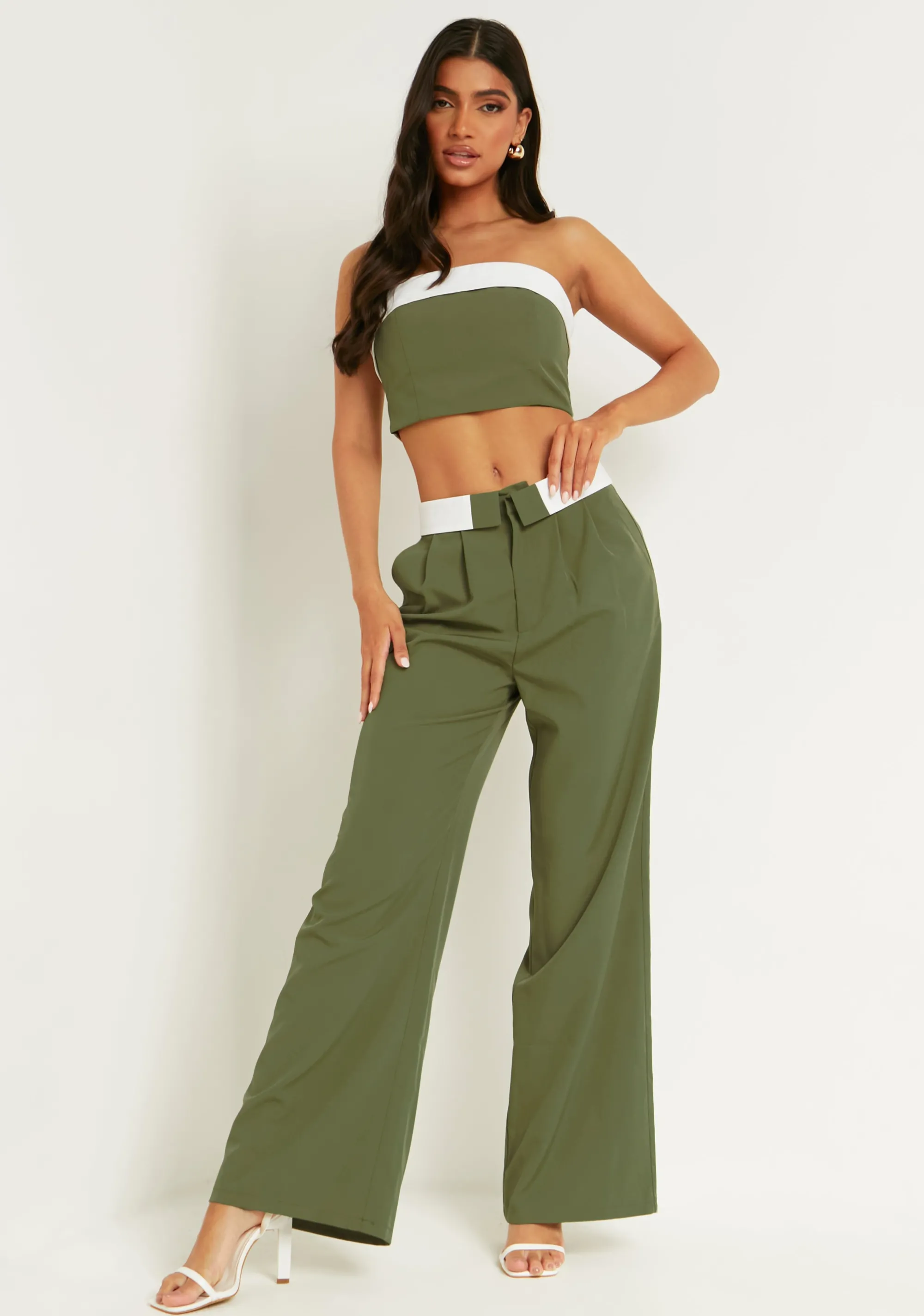Missy Empire Gracie Khaki Fold Over Waist Wide Leg Trousers^Women Trousers