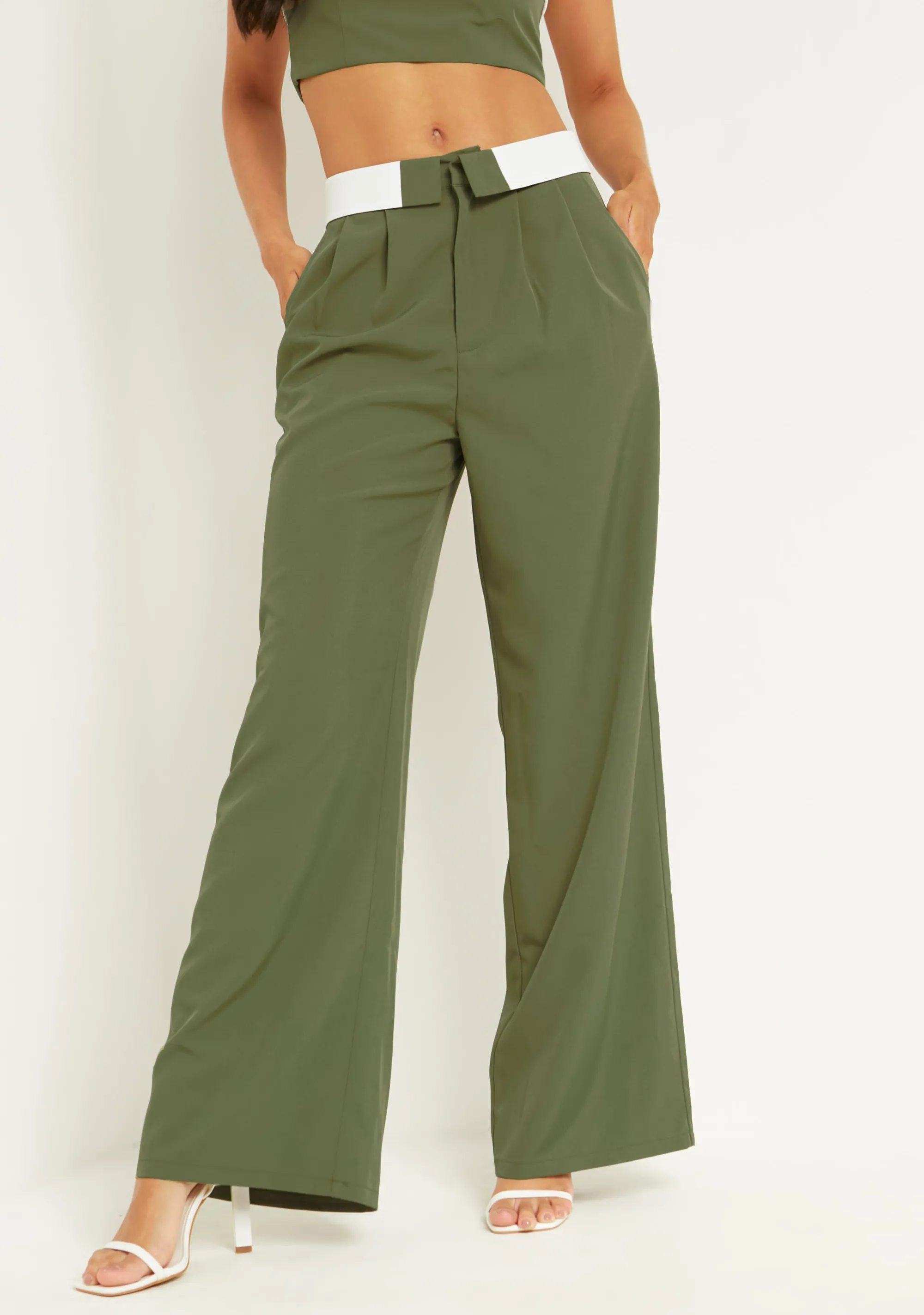 Missy Empire Gracie Khaki Fold Over Waist Wide Leg Trousers^Women Trousers