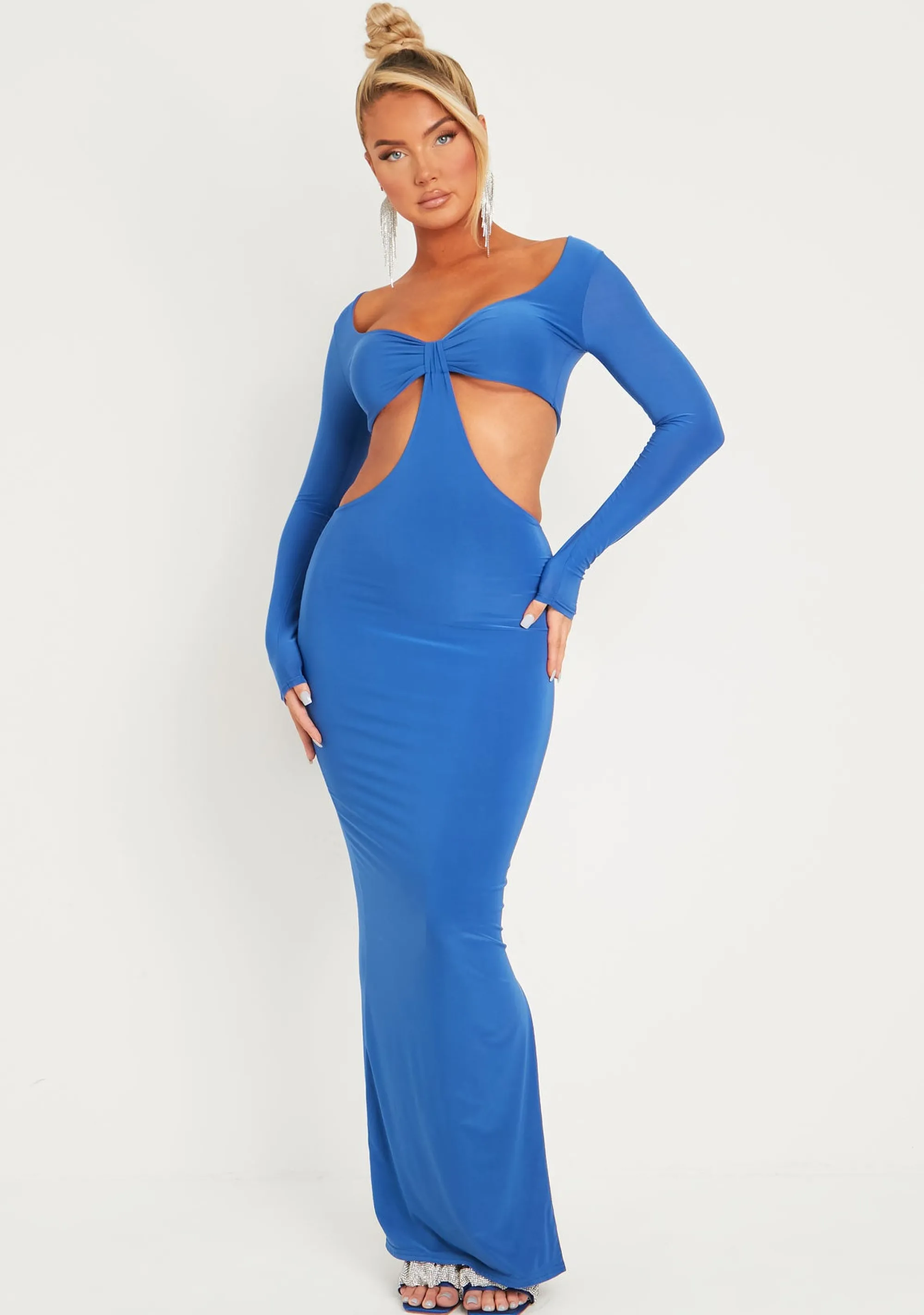 Missy Empire Gypsi Cobalt Blue Double Layer Slinky Long Sleeve Cut Out Maxi Dress^Women Dresses