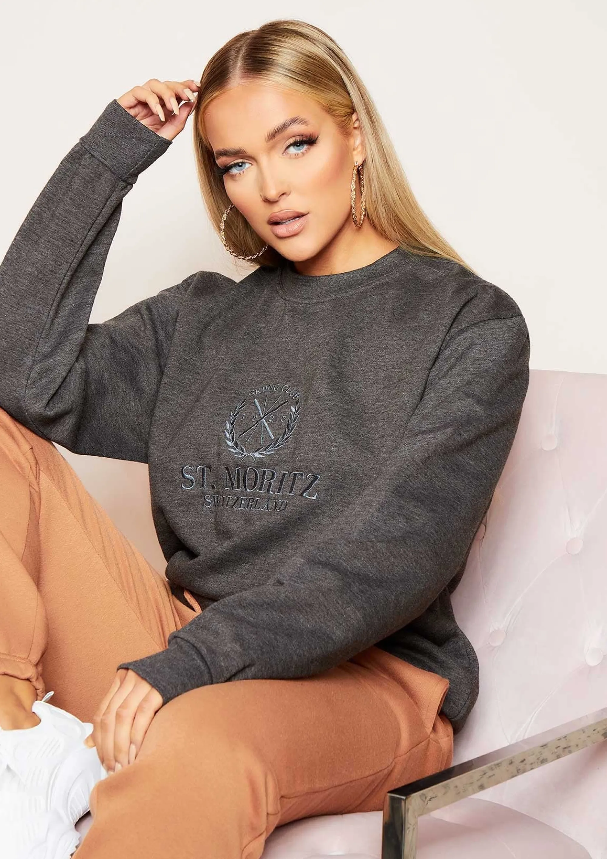 Missy Empire Halyn Charcoal Grey St. Moritz Slogan Oversized Sweatshirt^Women Loungewear