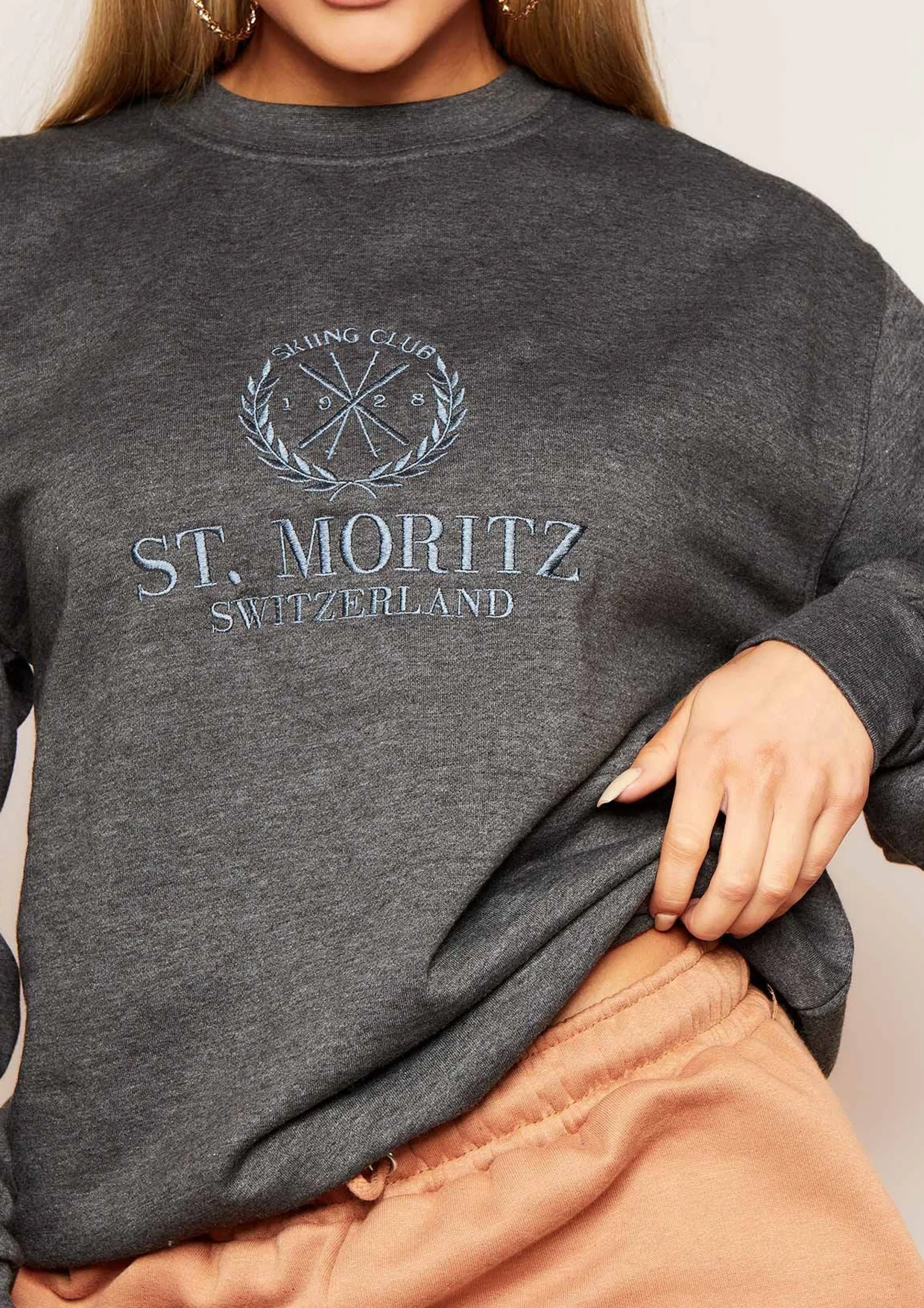 Missy Empire Halyn Charcoal Grey St. Moritz Slogan Oversized Sweatshirt^Women Loungewear