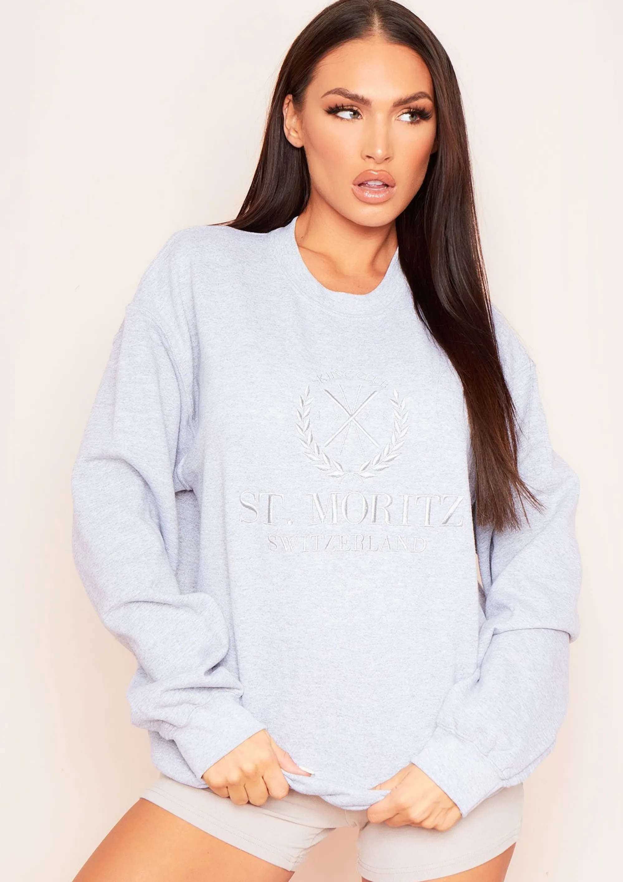 Missy Empire Halyn Grey St. Moritz Slogan Oversized Sweatshirt Best Sale