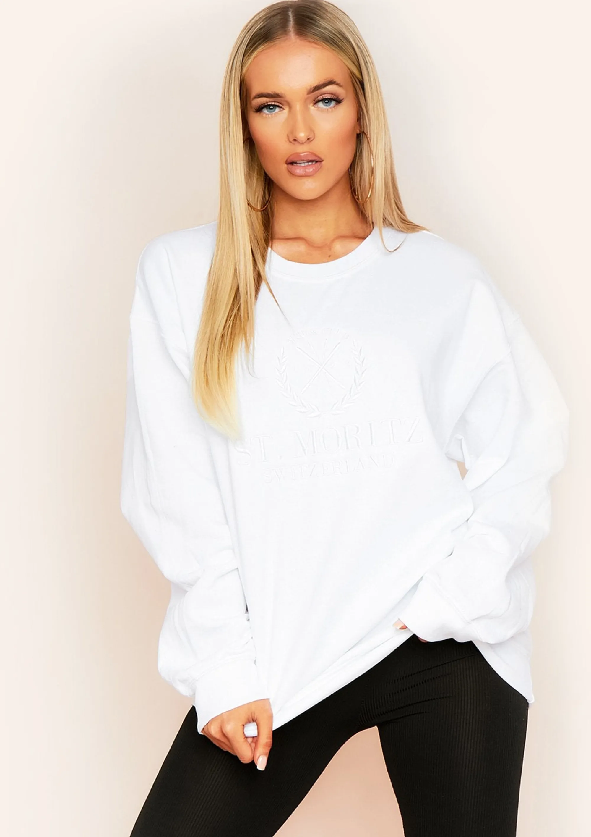 Missy Empire Halyn White St. Moritz Slogan Oversized Sweatshirt^Women Loungewear