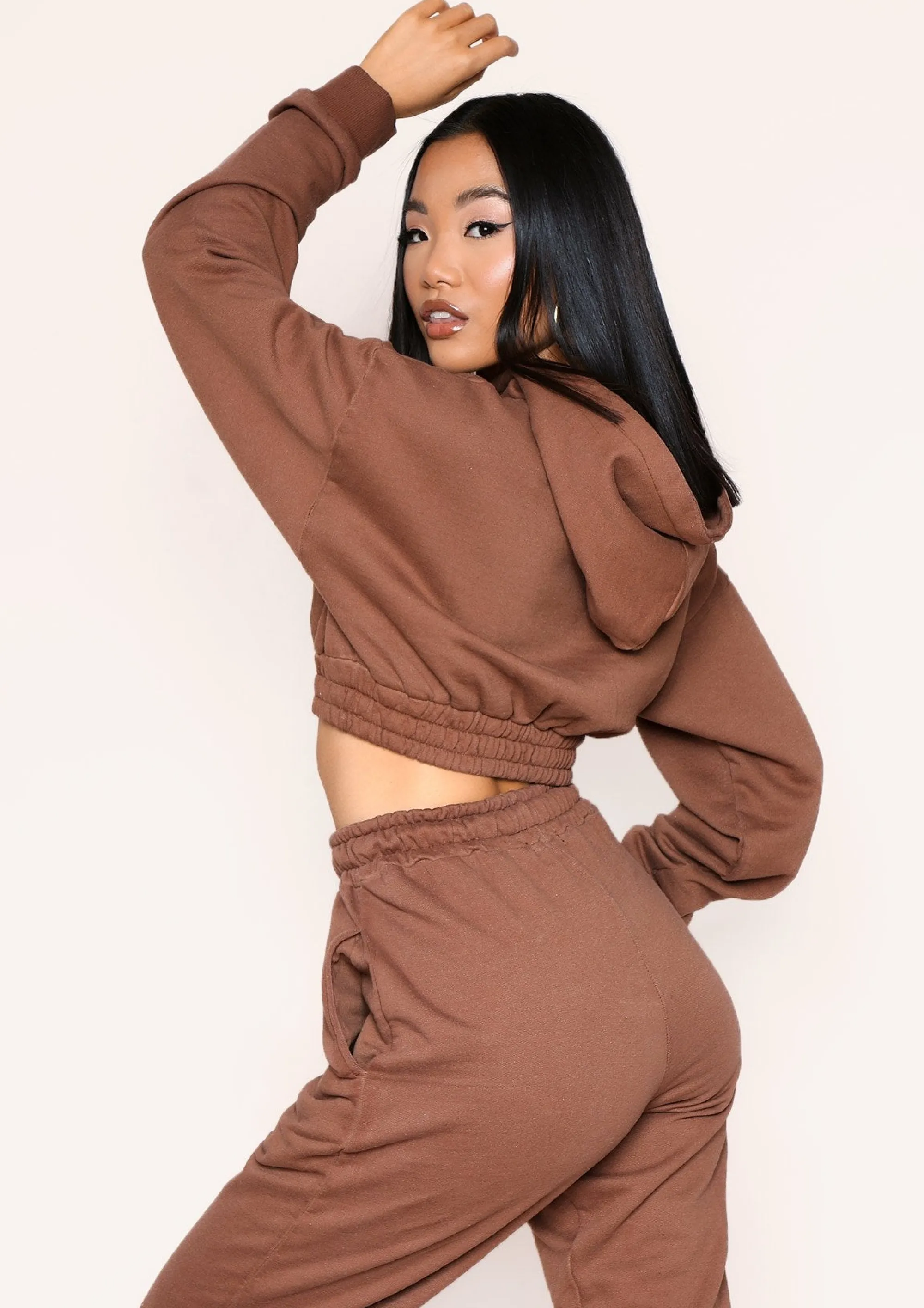 Missy Empire Hannah Chocolate Cropped Elasticated Hem Hoodie^Women Tracksuits