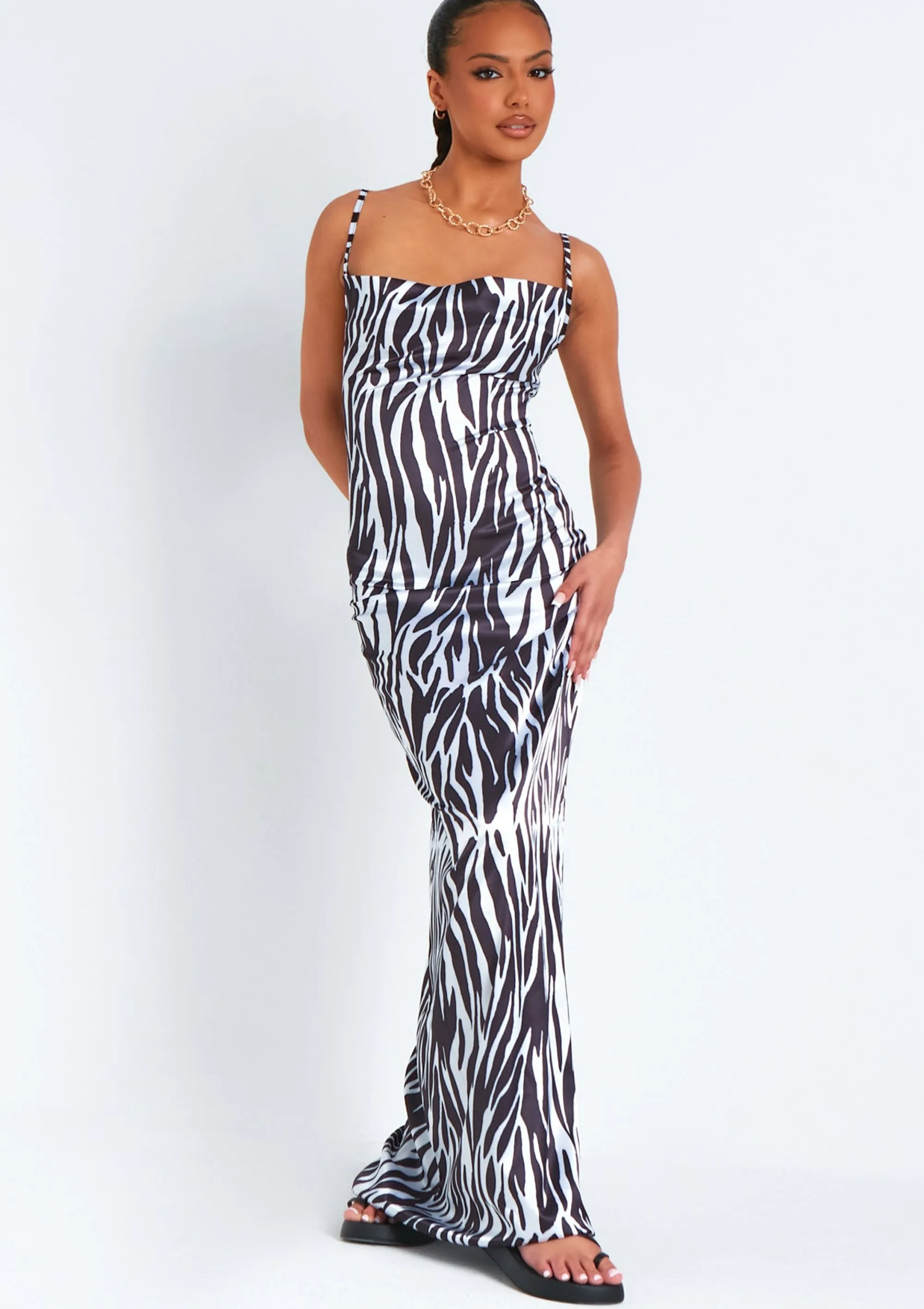 Missy Empire Hannah Zebra Print Satin Lace Up Back Maxi Dress^Women Dresses