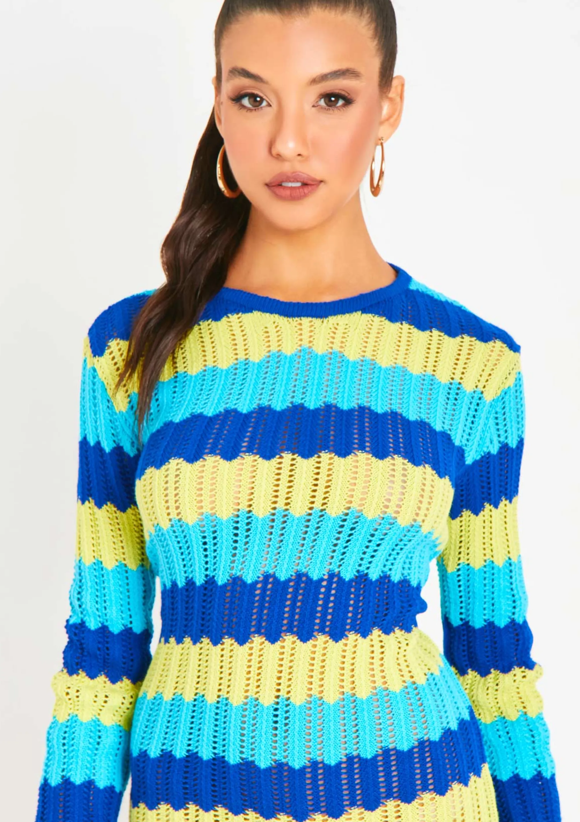 Missy Empire Harleigh Blue Multi Crochet Knit Backless Mini Dress^Women Dresses