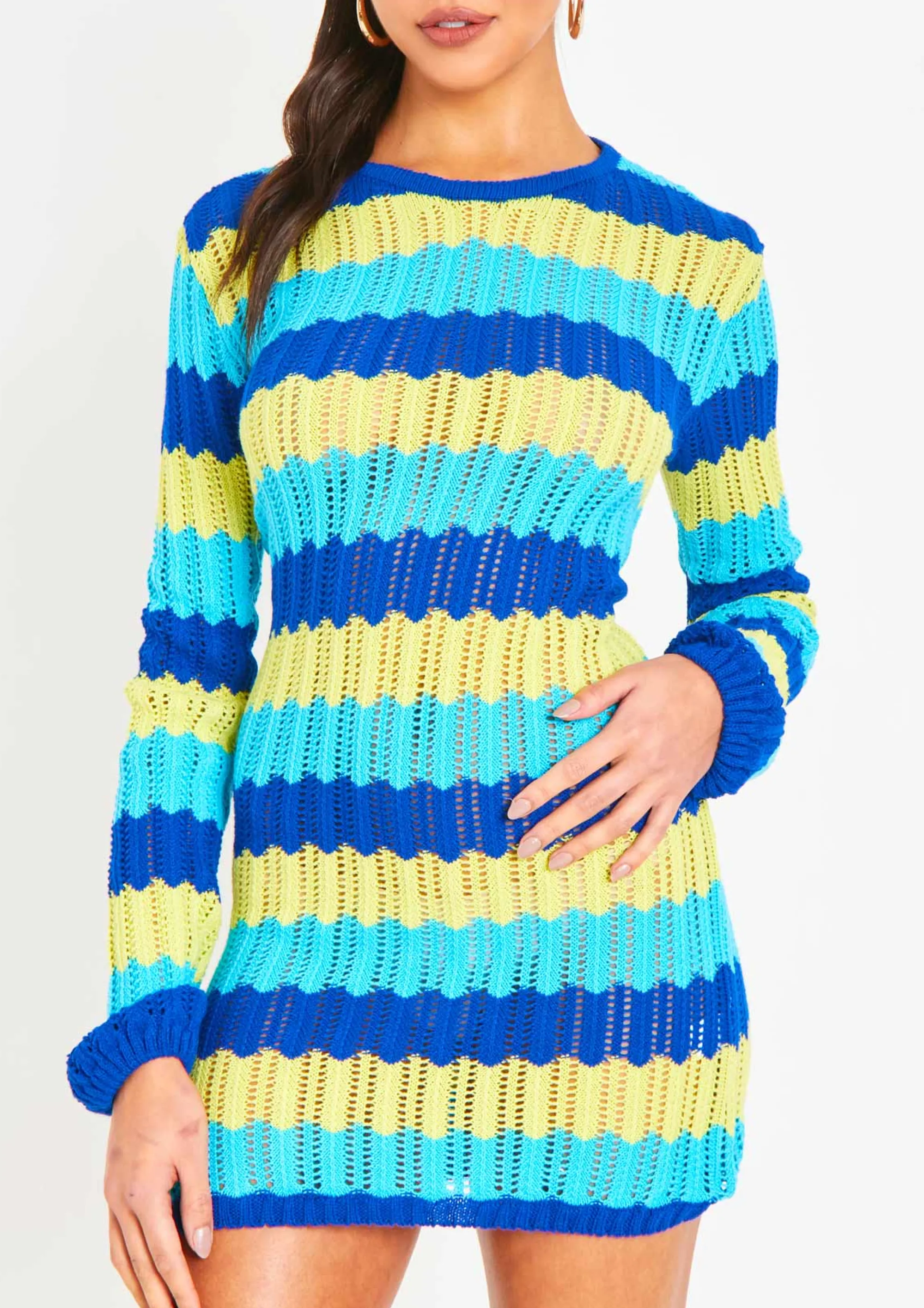 Missy Empire Harleigh Blue Multi Crochet Knit Backless Mini Dress^Women Dresses