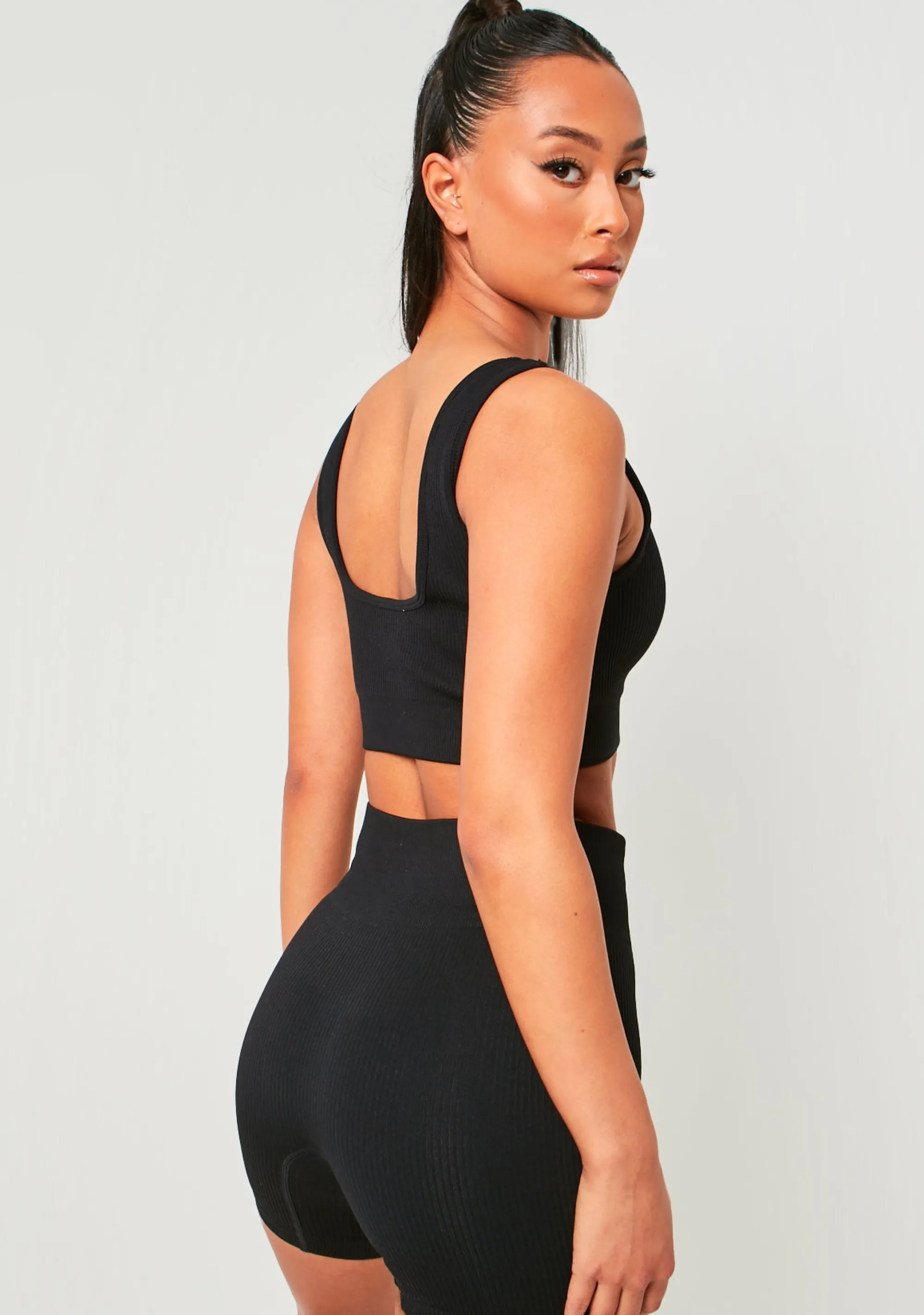 Missy Empire Hayley Black Missy Sport Ribbed V Neck Crop Top Best