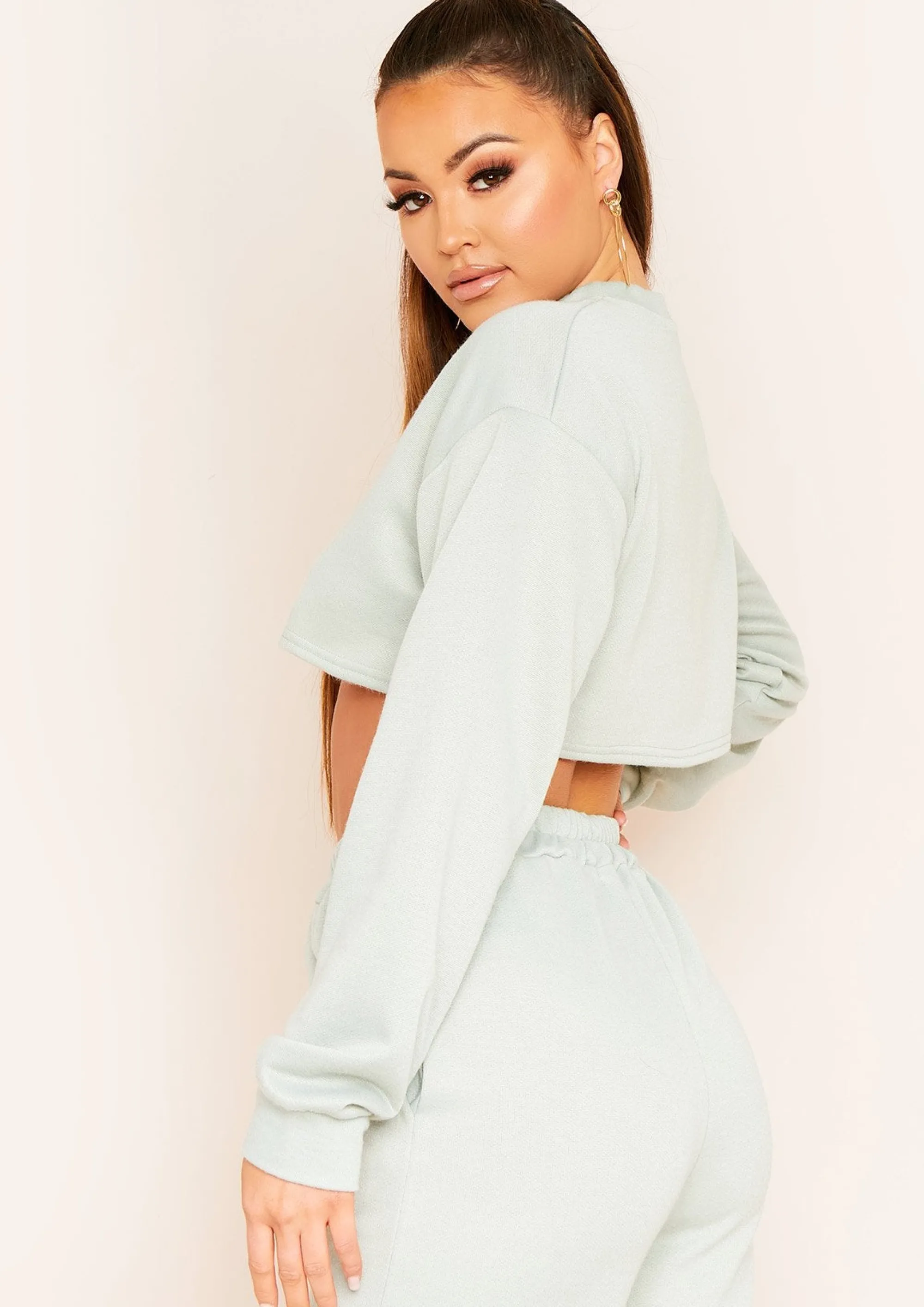 Missy Empire Hedda Sage Green Cropped Loopback Sweatshirt^Women Tracksuits