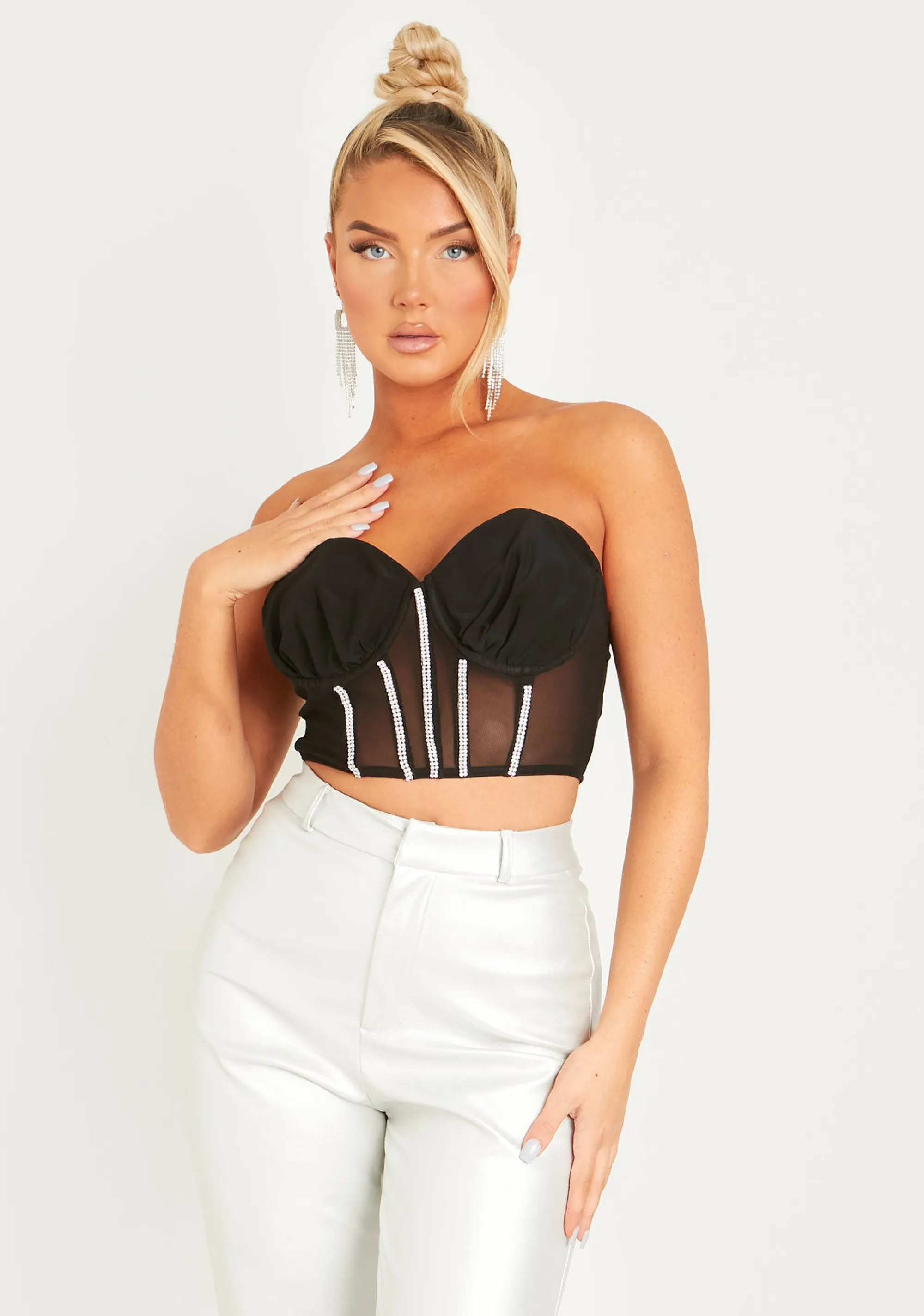 Missy Empire Inga Black Woven Mesh Structured Diamante Cropped Corset Online