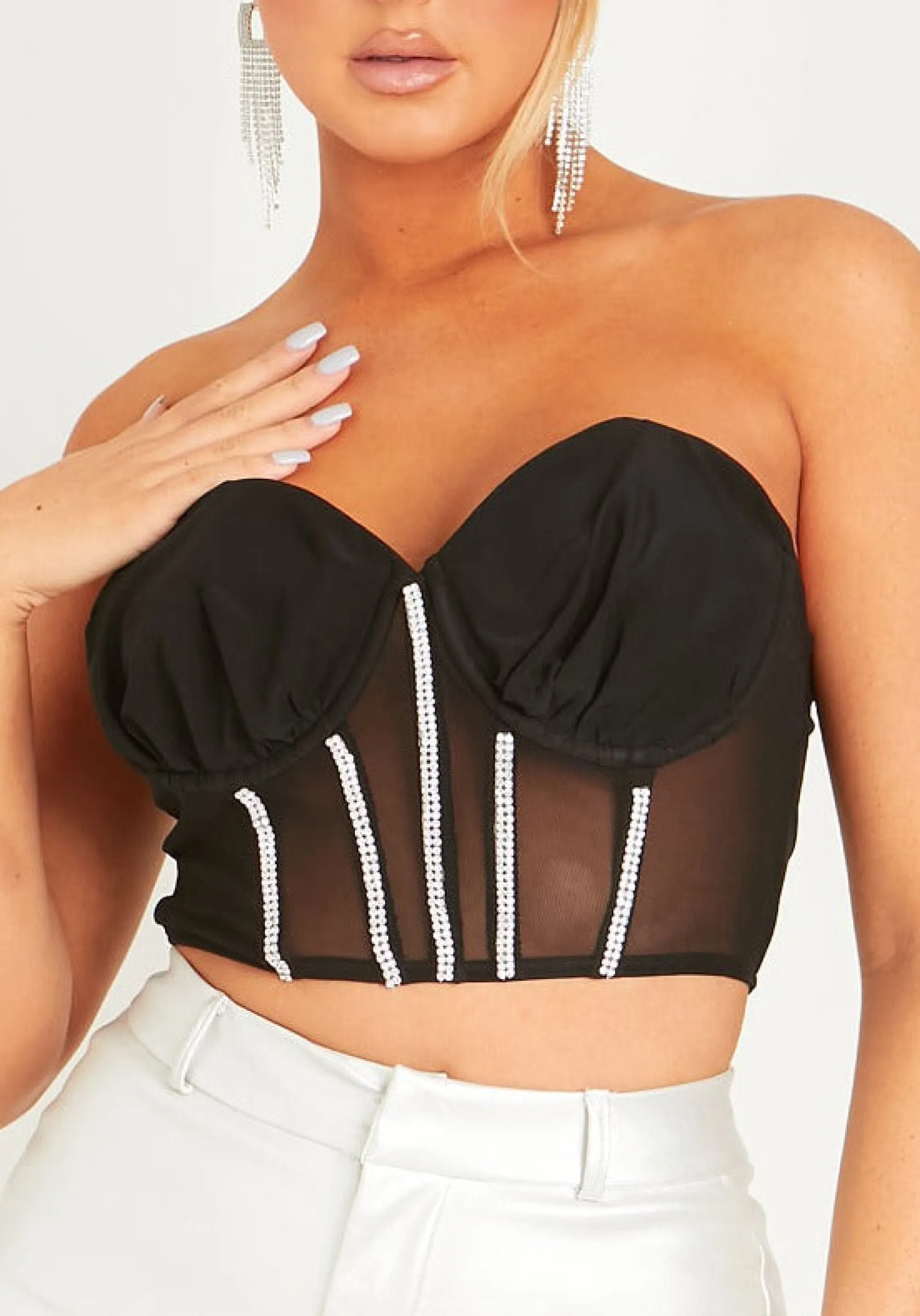Missy Empire Inga Black Woven Mesh Structured Diamante Cropped Corset Online