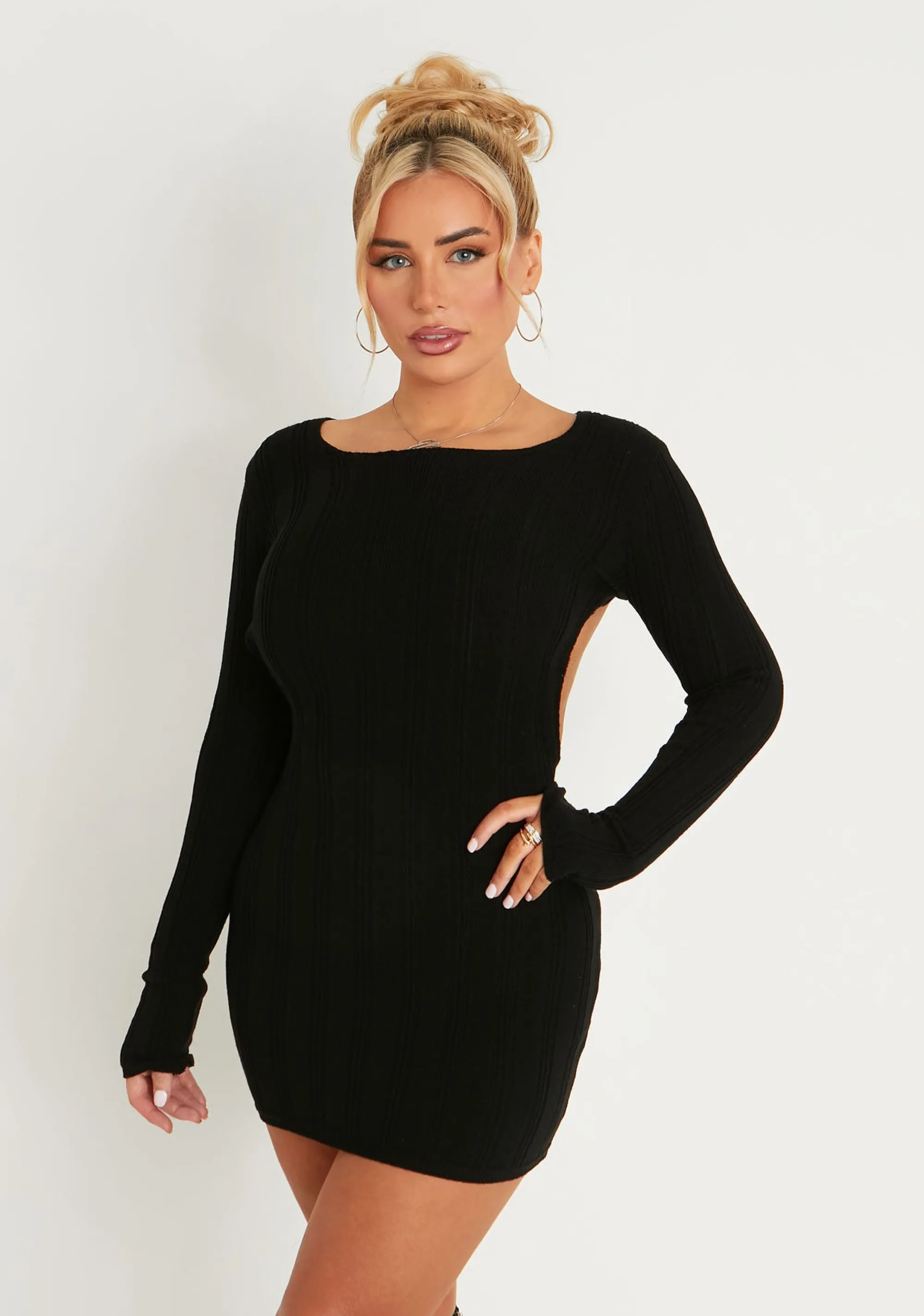 Missy Empire Iona Black Knitted Backless Mini Dress^Women Dresses