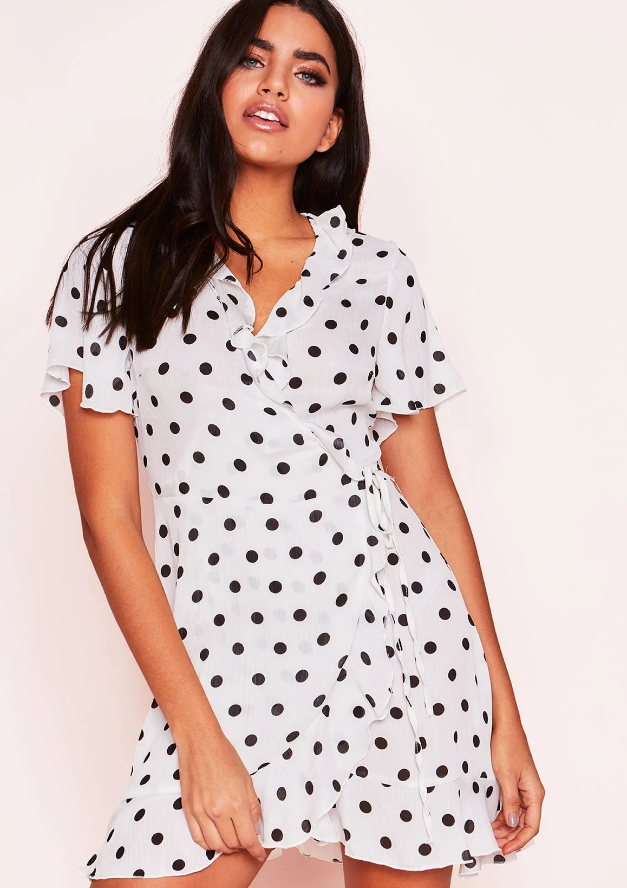 Missy Empire Isabella White Polkadot Wrap Frill Dress^Women Dresses