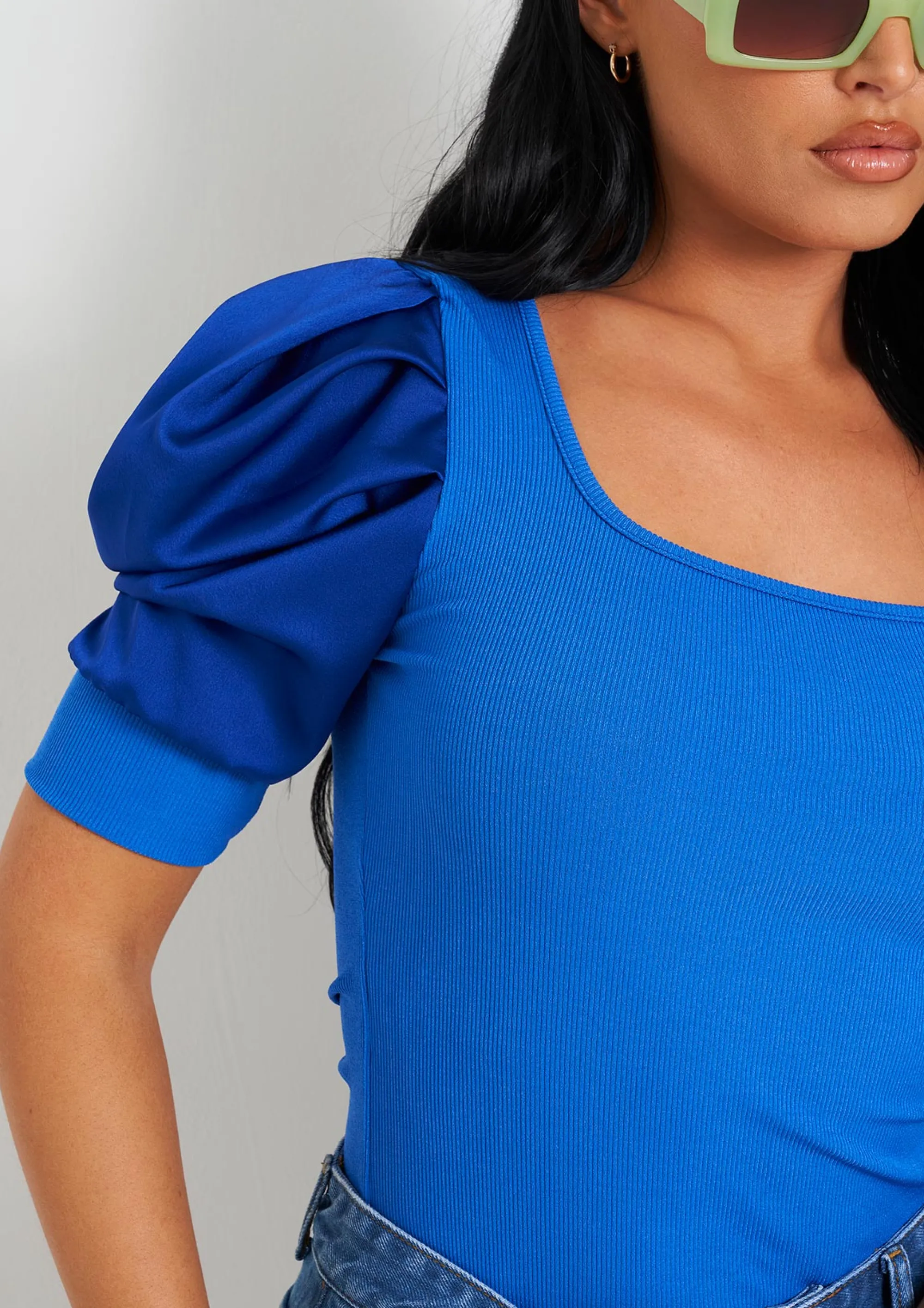 Missy Empire Jade Blue Puff Sleeve Square Neck Bodysuit Fashion