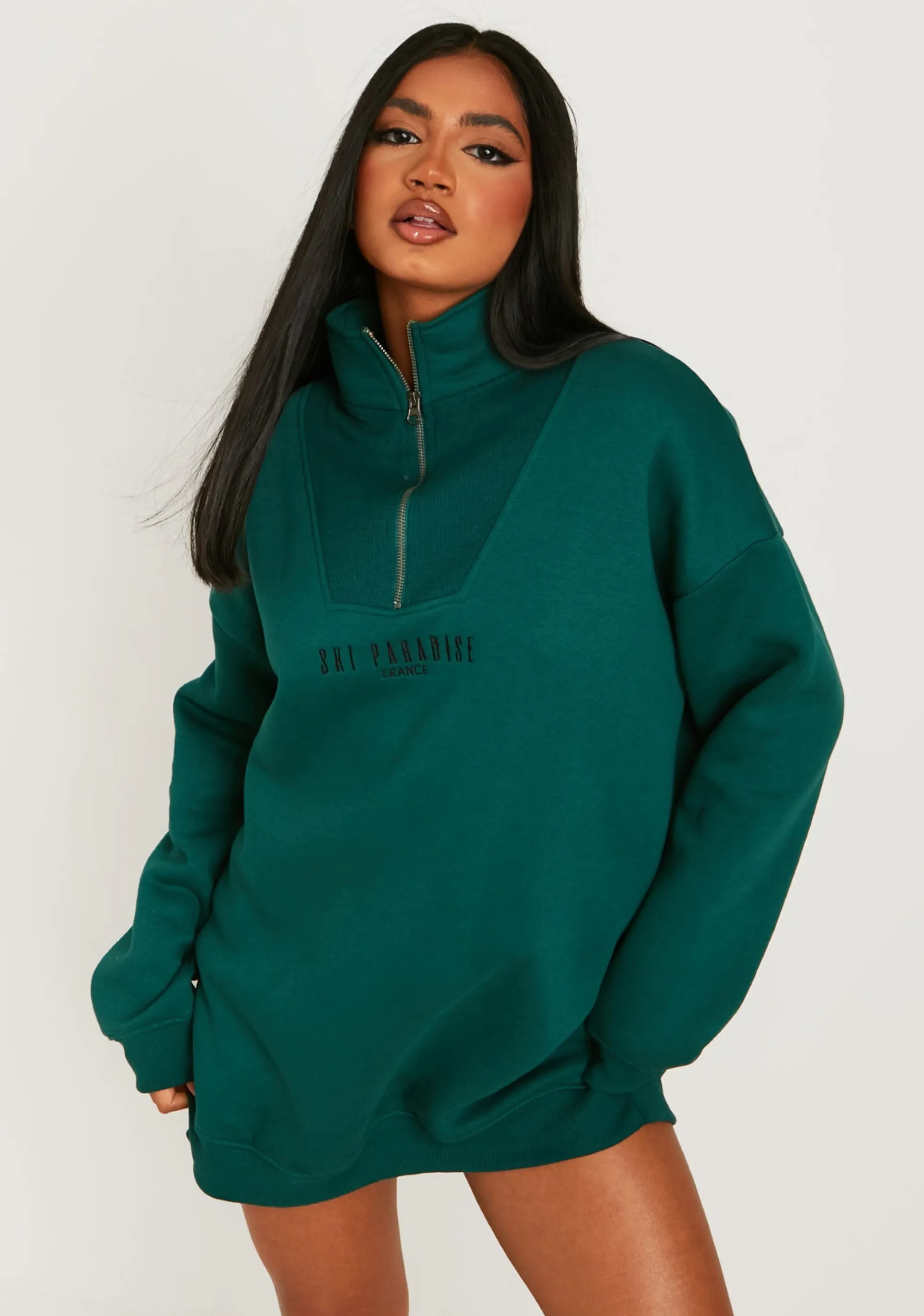 Missy Empire Jamilla Green Ski Paradise Embroidered Half Zip Sweater Dress^Women Loungewear