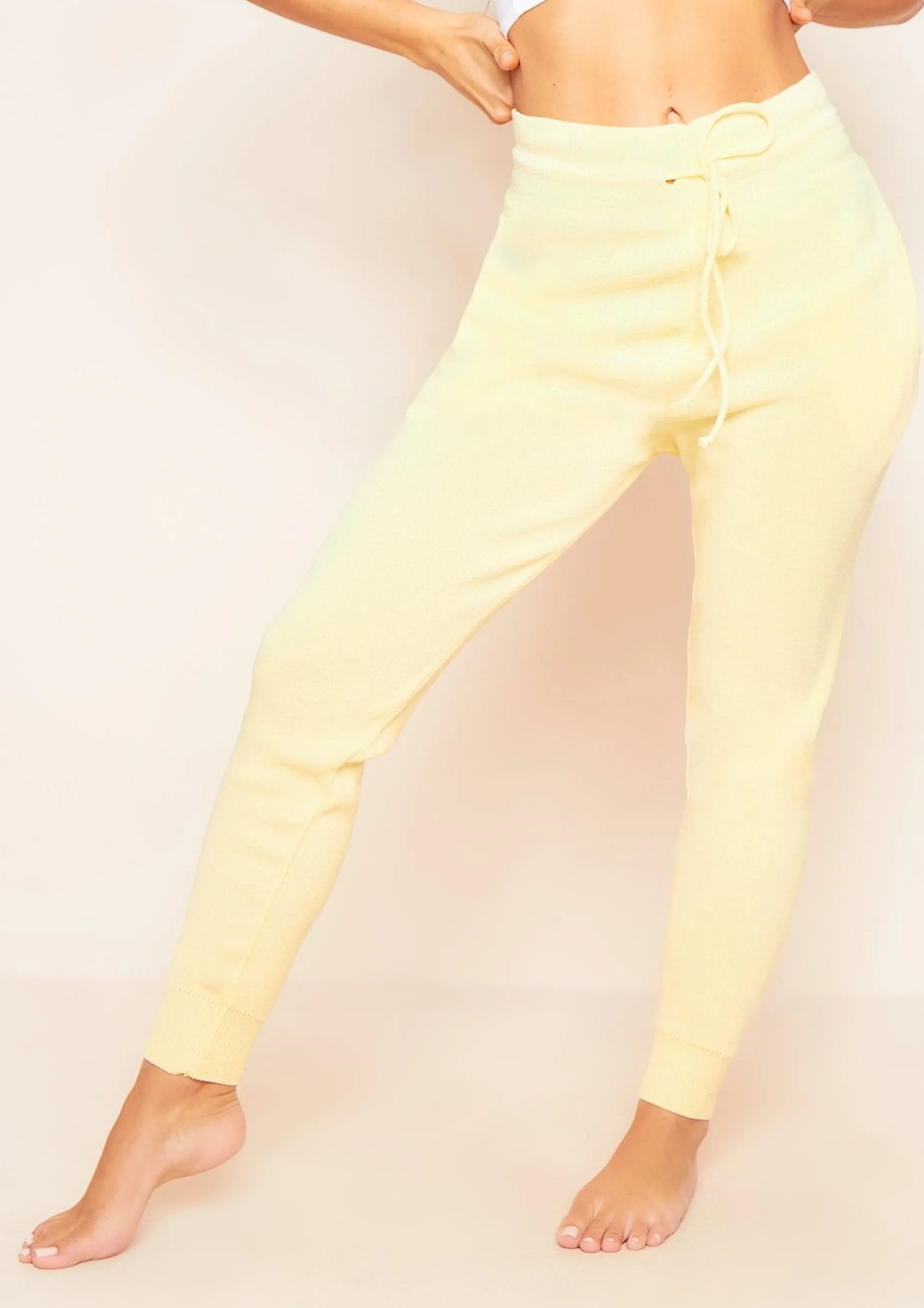 Missy Empire Jenniya Lemon Yellow Knitted Jogger Bottoms^Women Loungewear