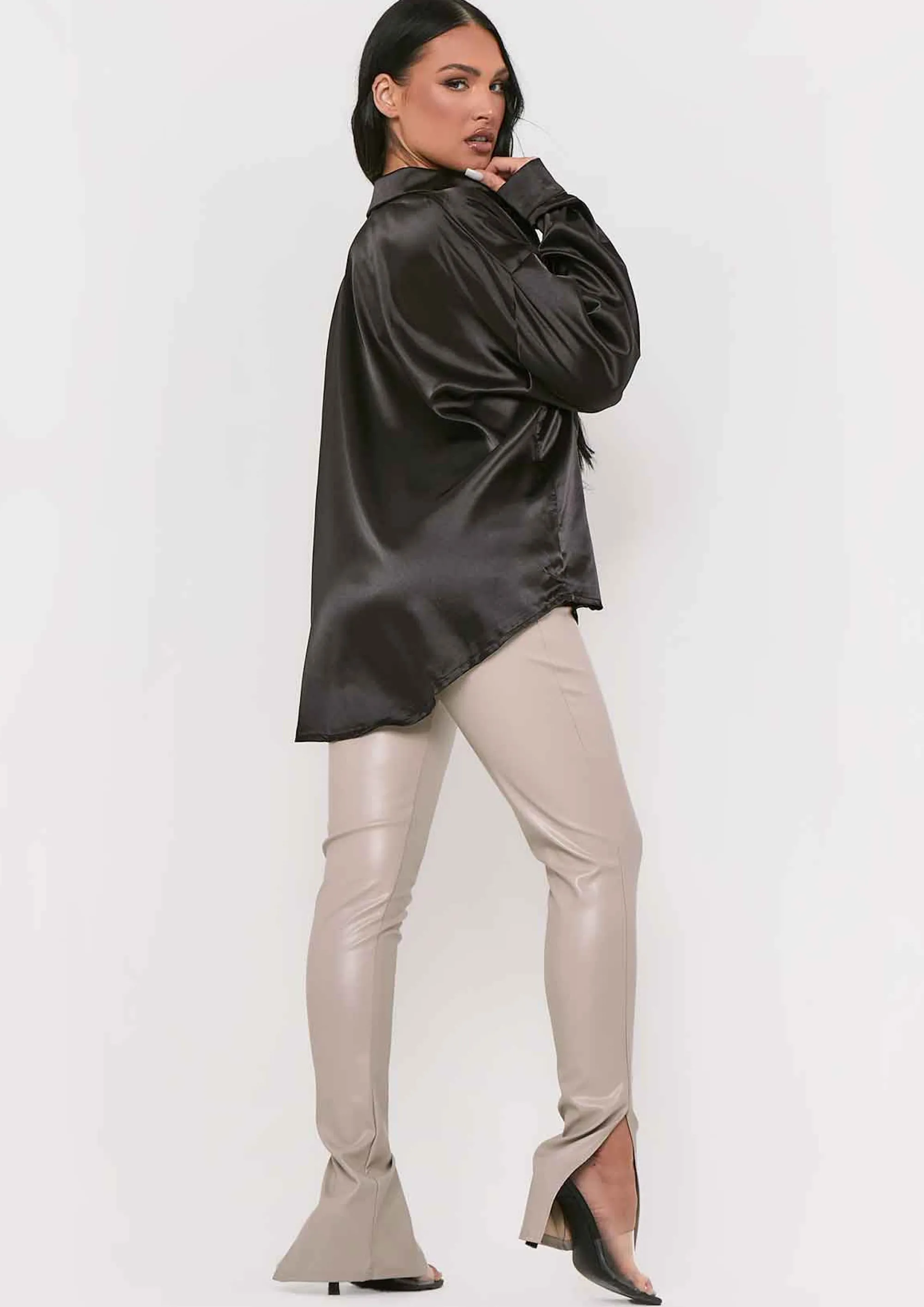 Missy Empire Jessica Black Oversized Thick Satin Button Through Shirt Store