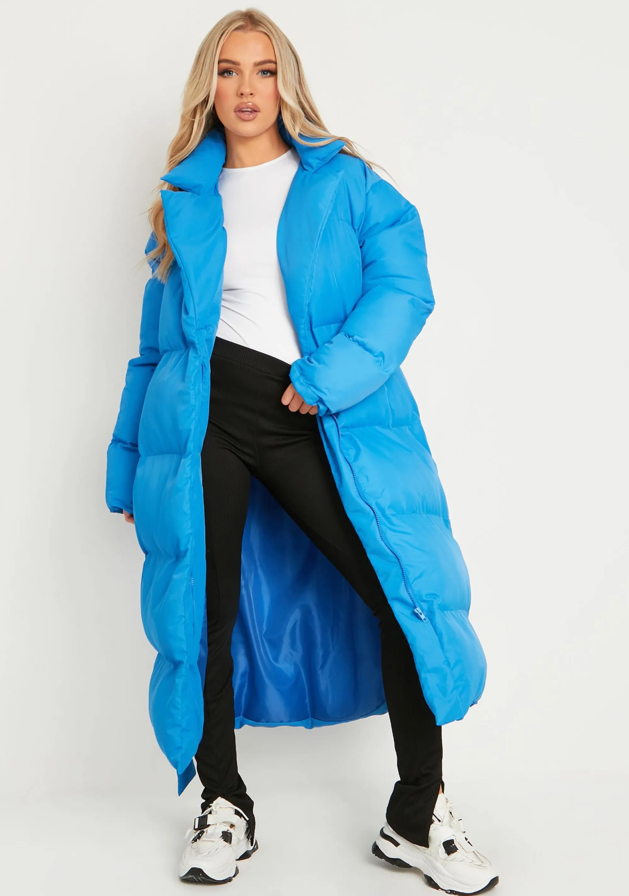 Missy Empire Jodie Blue Tie Waist Longline Puffer Coat^Women Loungewear
