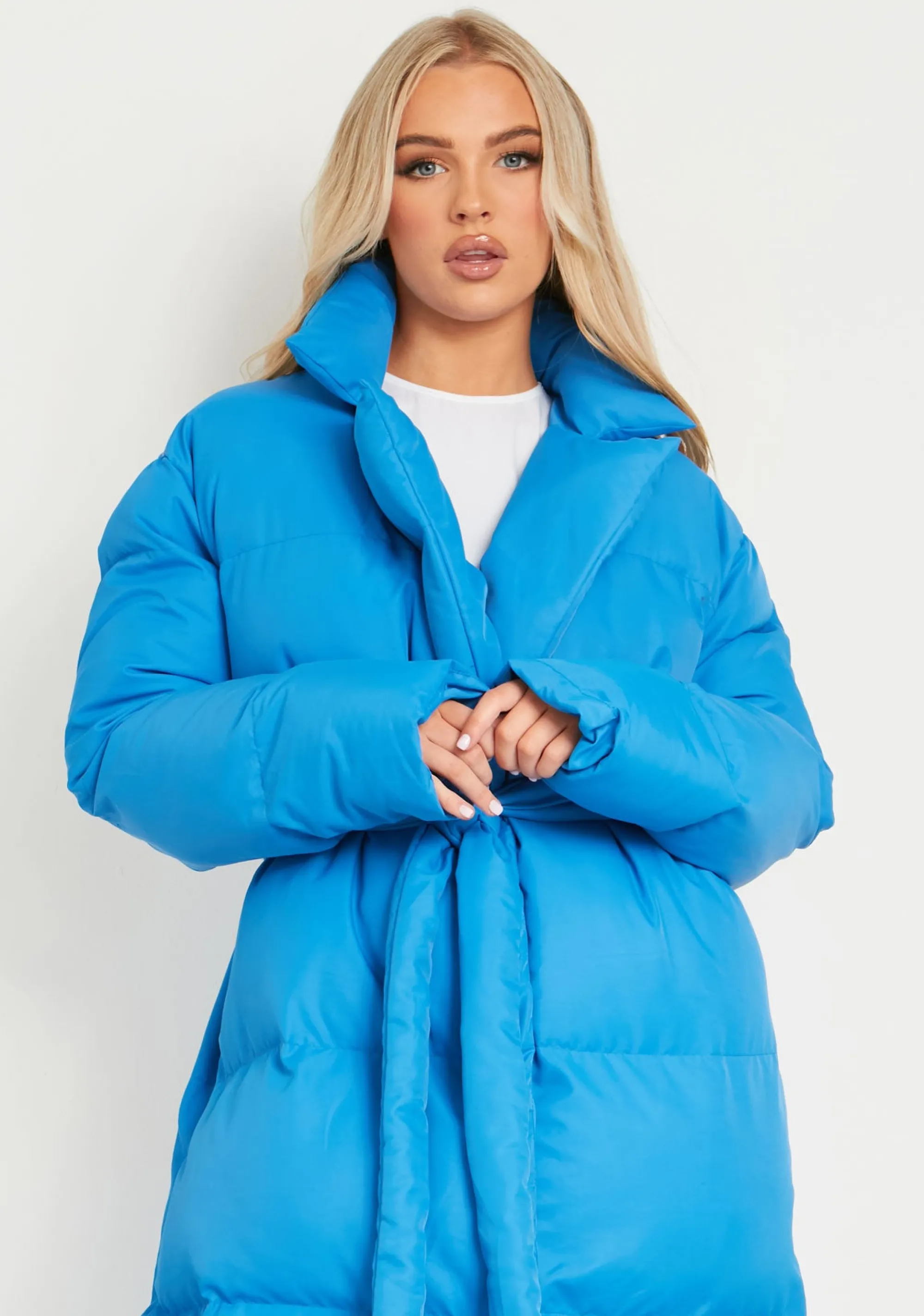 Missy Empire Jodie Blue Tie Waist Longline Puffer Coat^Women Loungewear