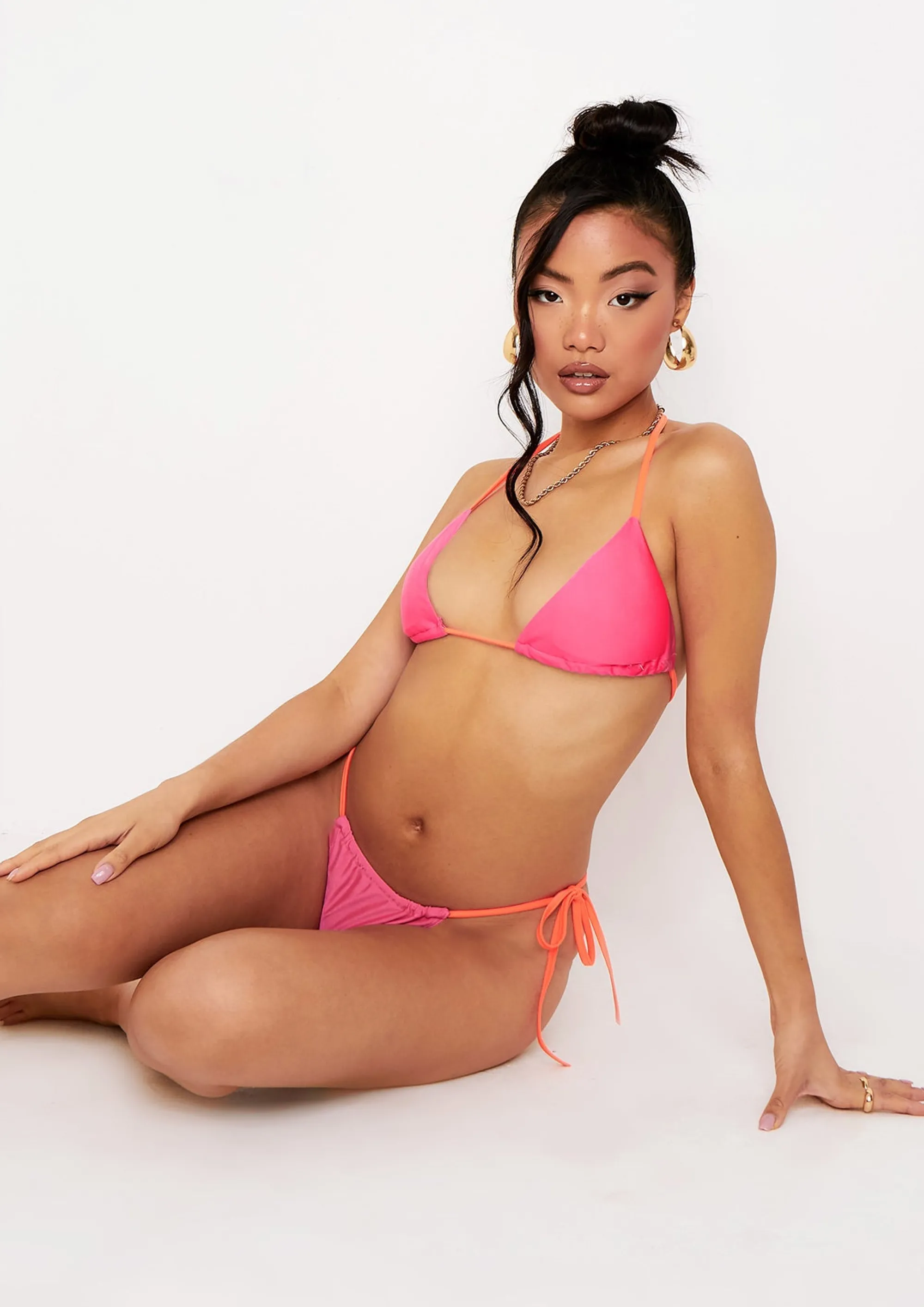 Missy Empire Jorja Pink Orange Contrast Tie Side Bikini Bottom Discount