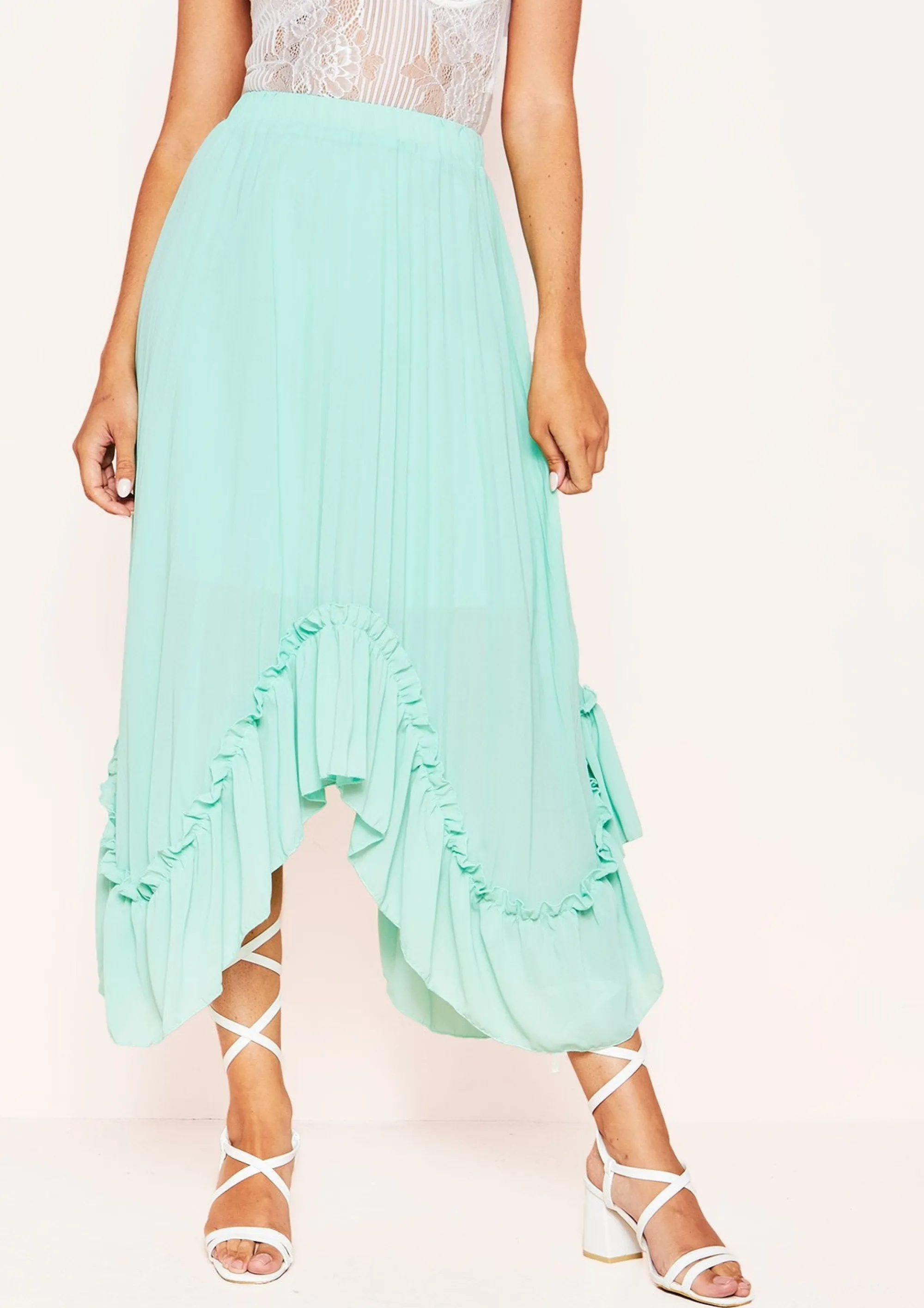 Missy Empire Joy Mint Green Pleated Frill Midi Skirt Discount