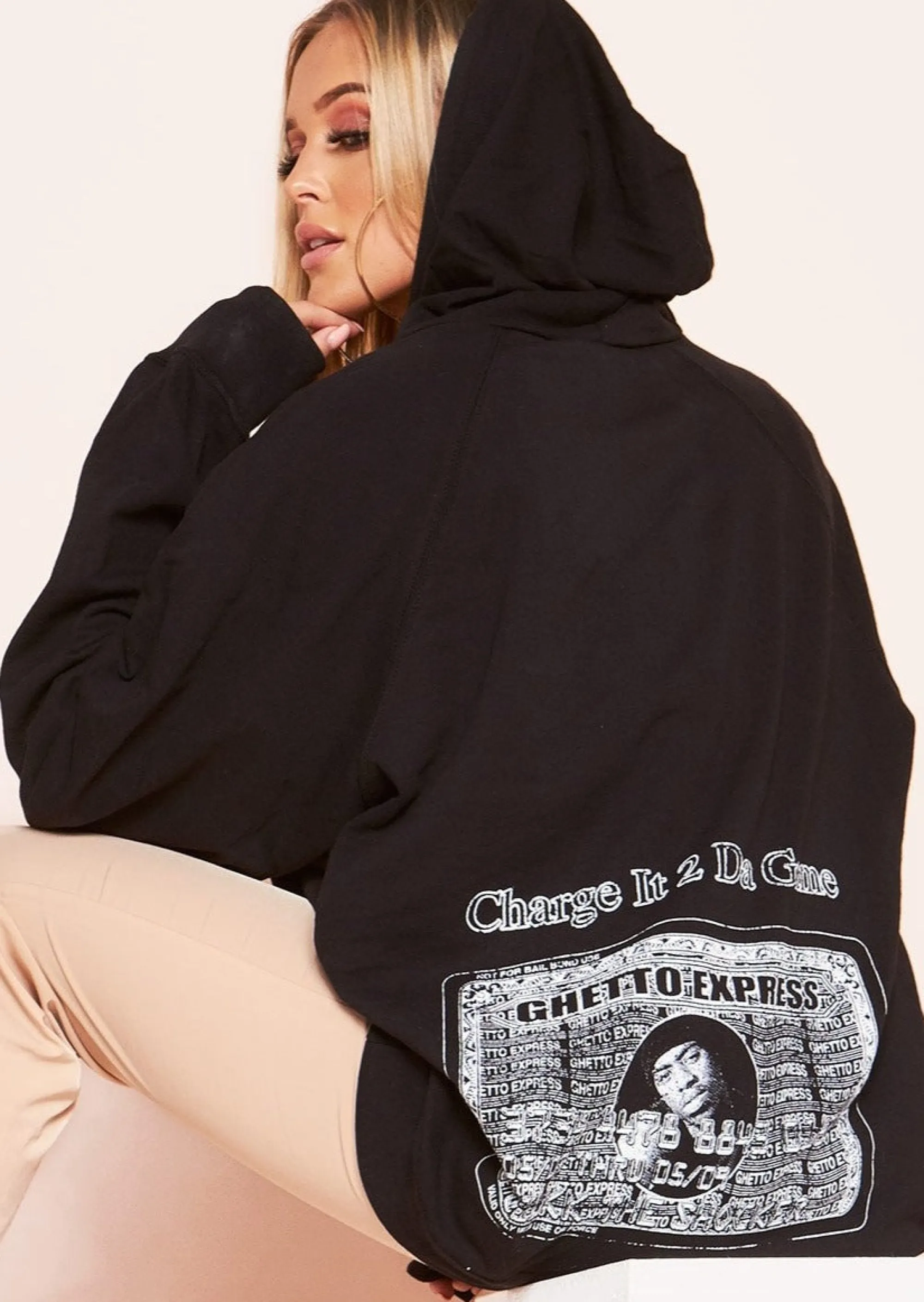Missy Empire Justine Black Ghetto Express Slogan Oversized Hoodie Clearance