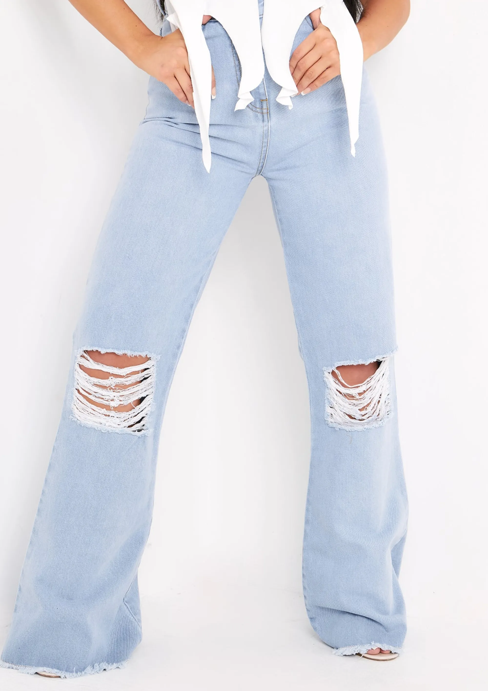 Missy Empire Justine Light Blue Wash Wide Leg Ripped Denim Jeans Cheap