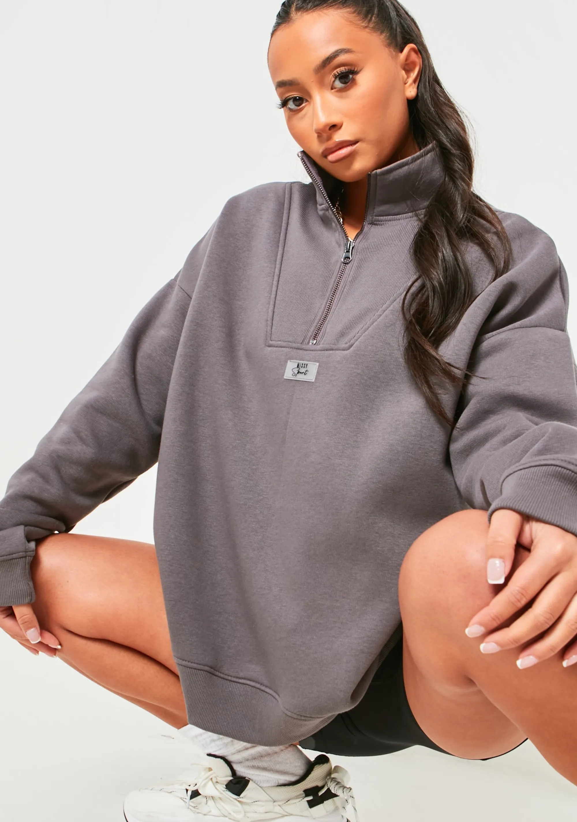 Missy Empire Kadie Charcoal Missy Sport Quarter Zip Oversized Sweatshirt Fashion