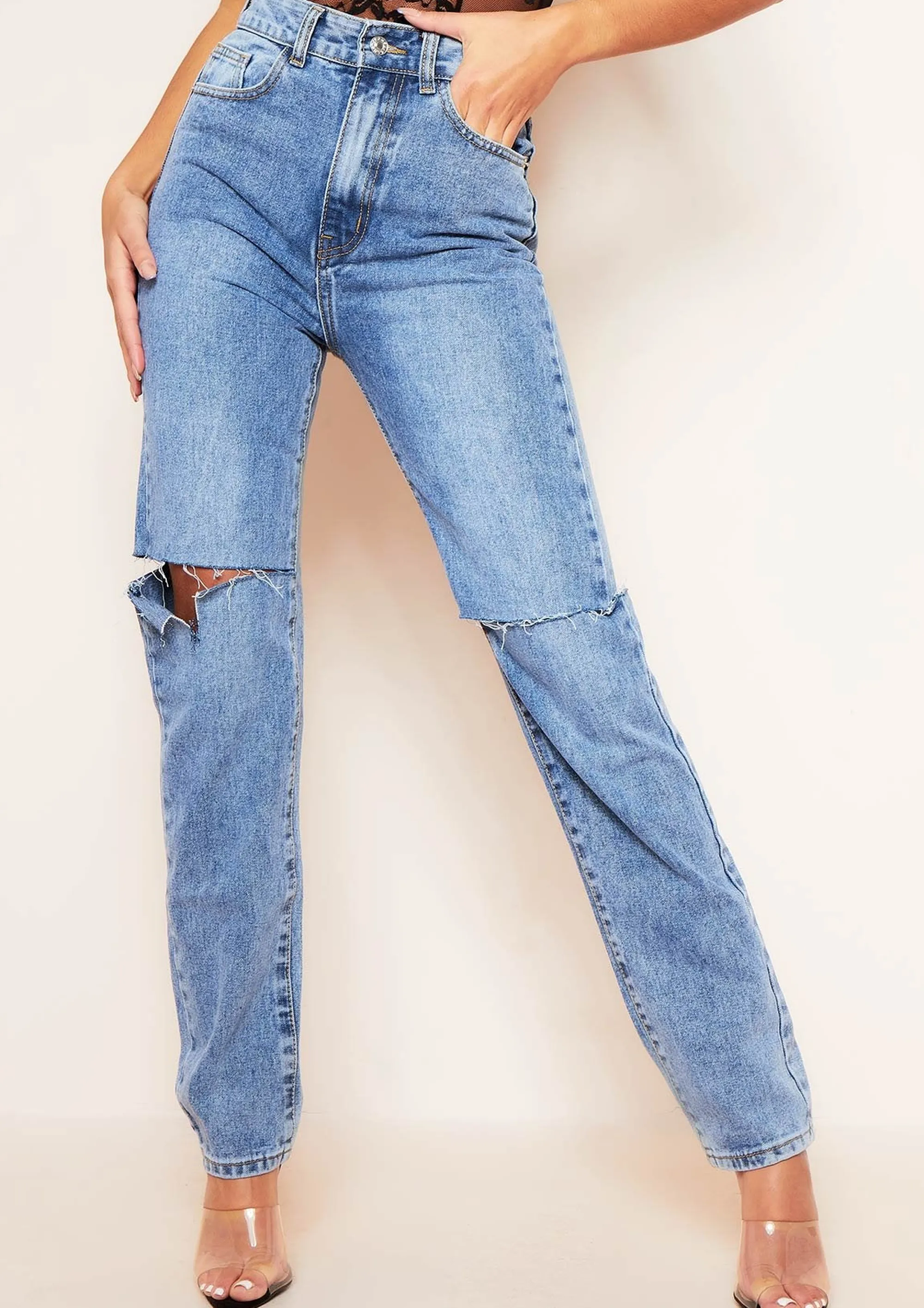 Missy Empire Kady Dark Blue Mid Wash Slashed Knee Straight Leg Jeans Best