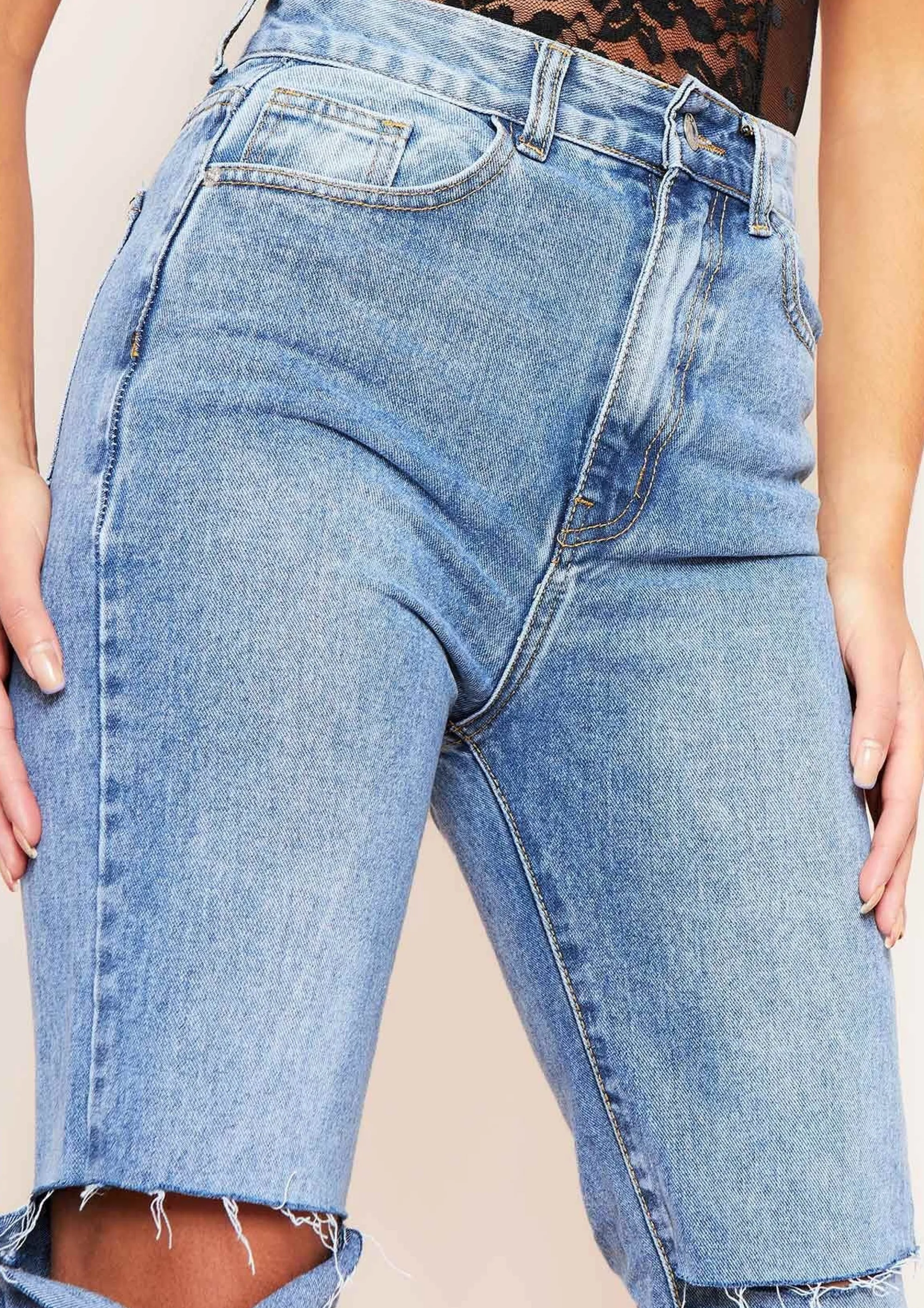 Missy Empire Kady Dark Blue Mid Wash Slashed Knee Straight Leg Jeans Best