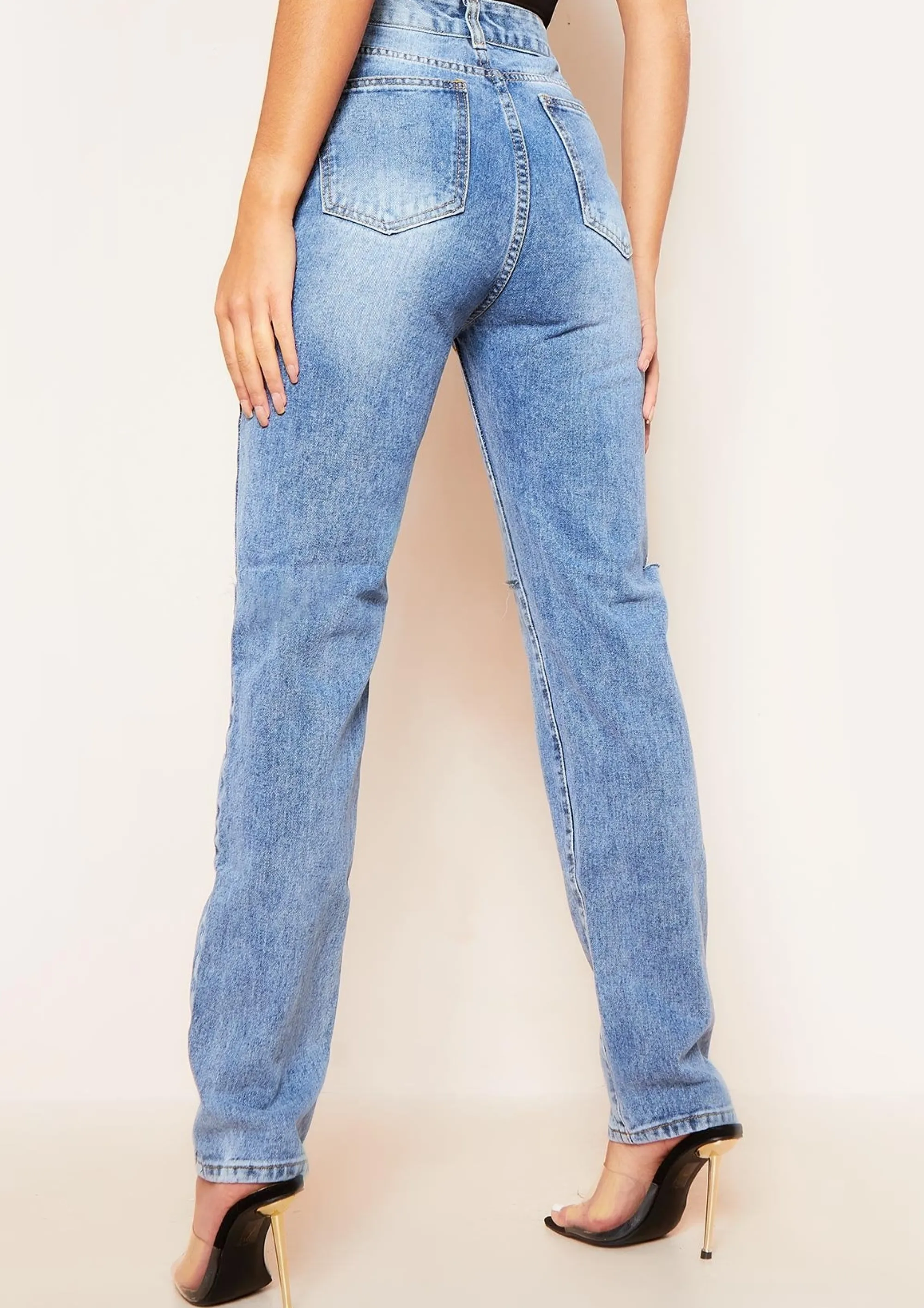 Missy Empire Kady Dark Blue Mid Wash Slashed Knee Straight Leg Jeans Best