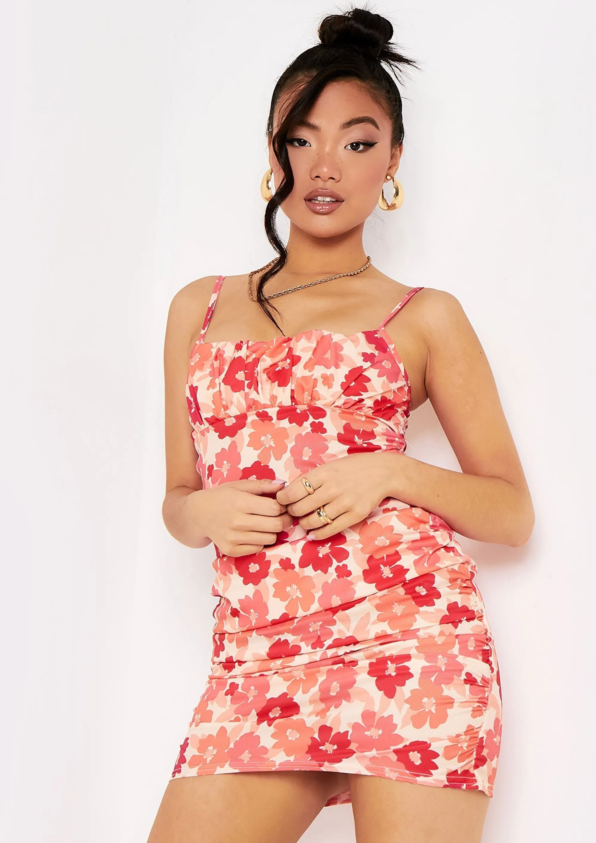 Missy Empire Kaiya Coral Floral Ruched Front Strappy Mini Dress^Women Dresses