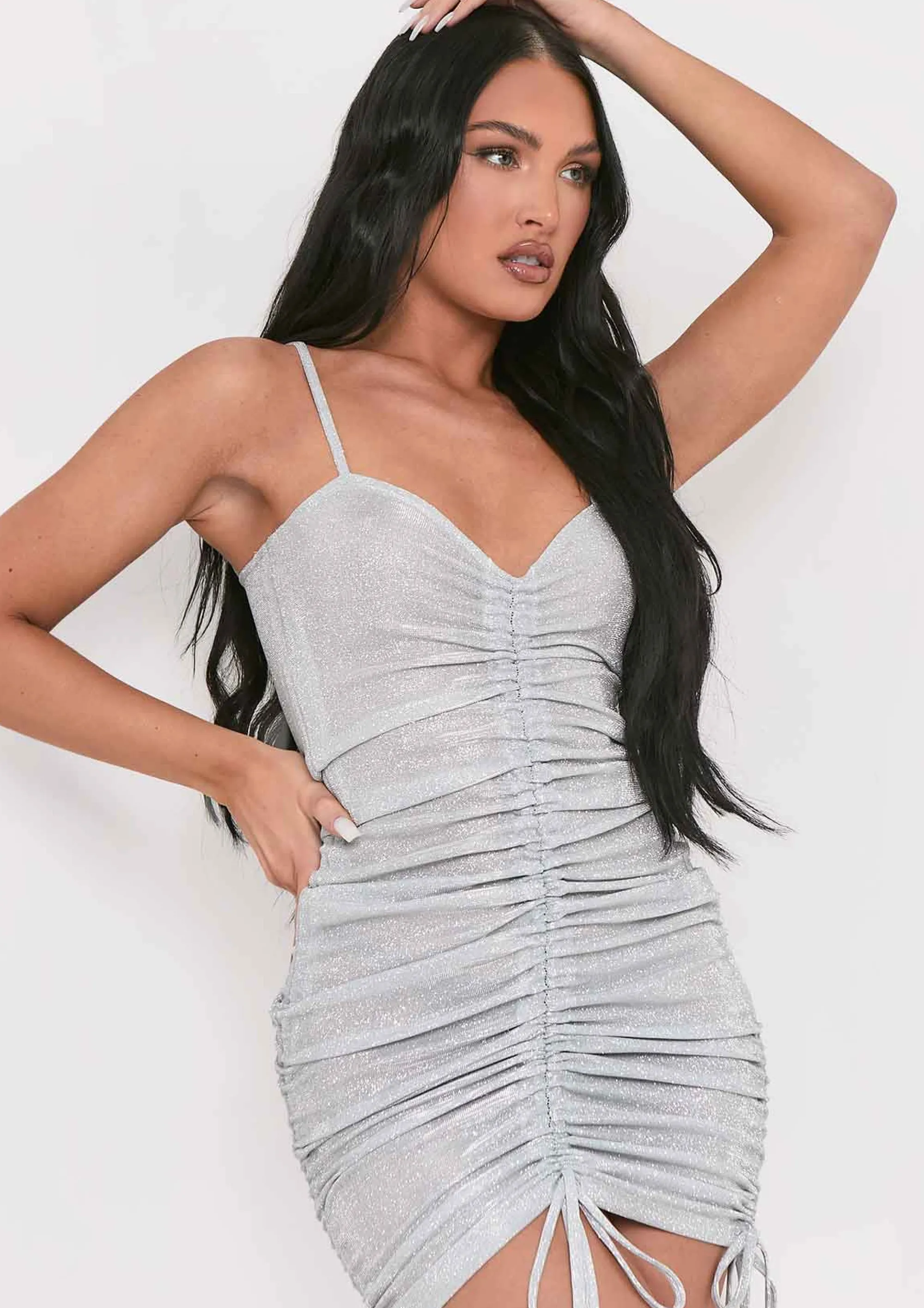 Missy Empire Kalia Silver Glitter Ruched Mini Dress^Women Dresses