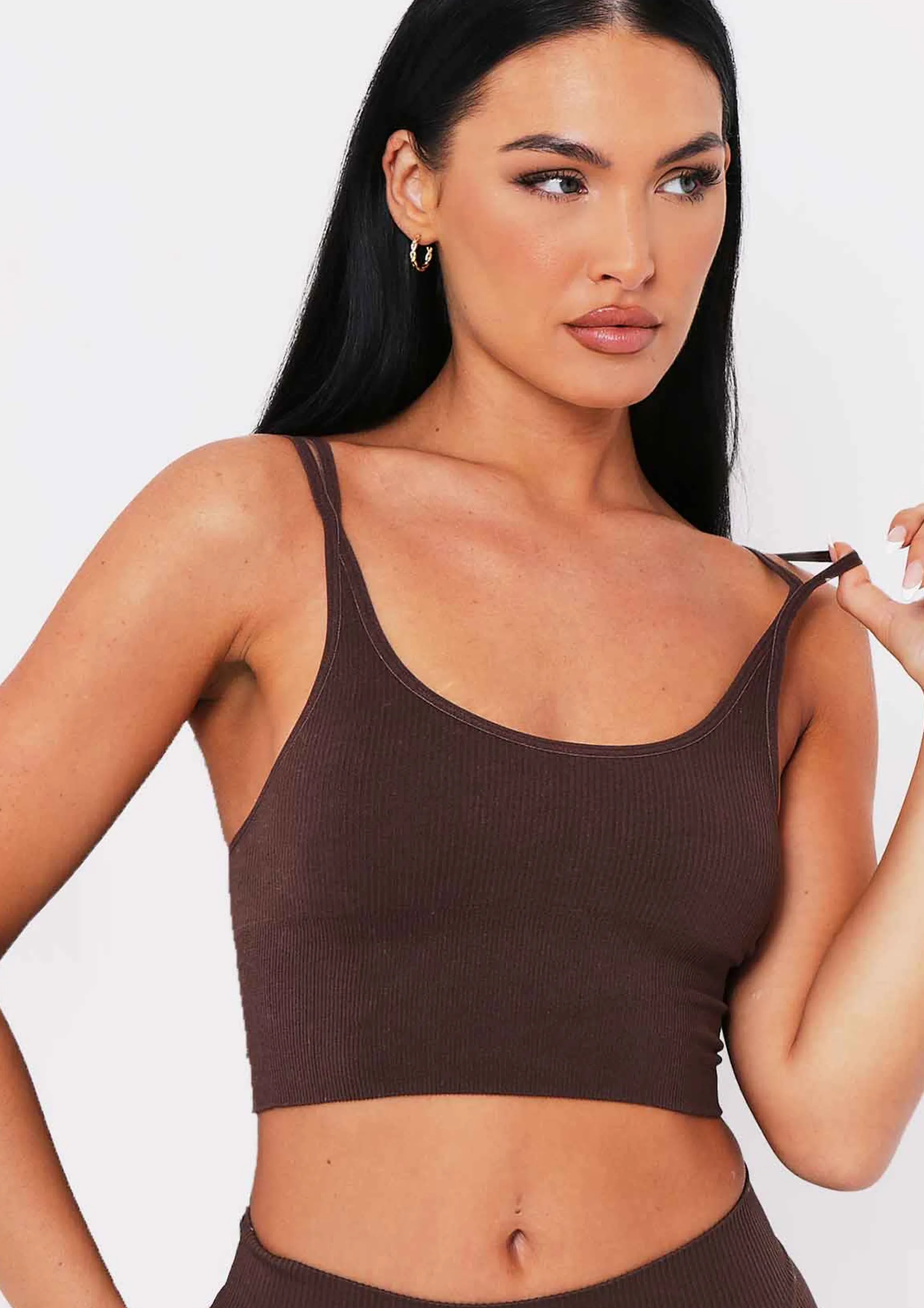 Missy Empire Kara Chocolate Seamless Ribbed Scoop Neck Double Strap Crop Top Online